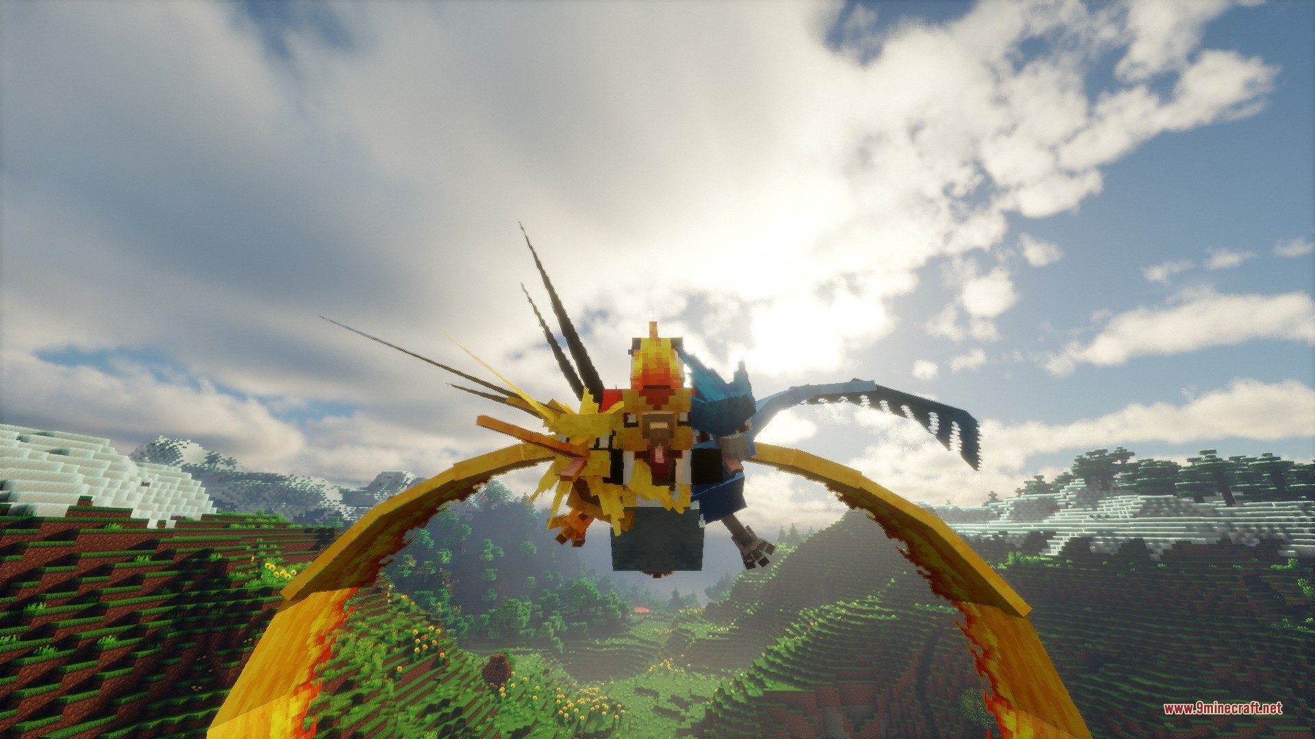A player riding the legendary bird fusion Thu Fi Zer through the sky