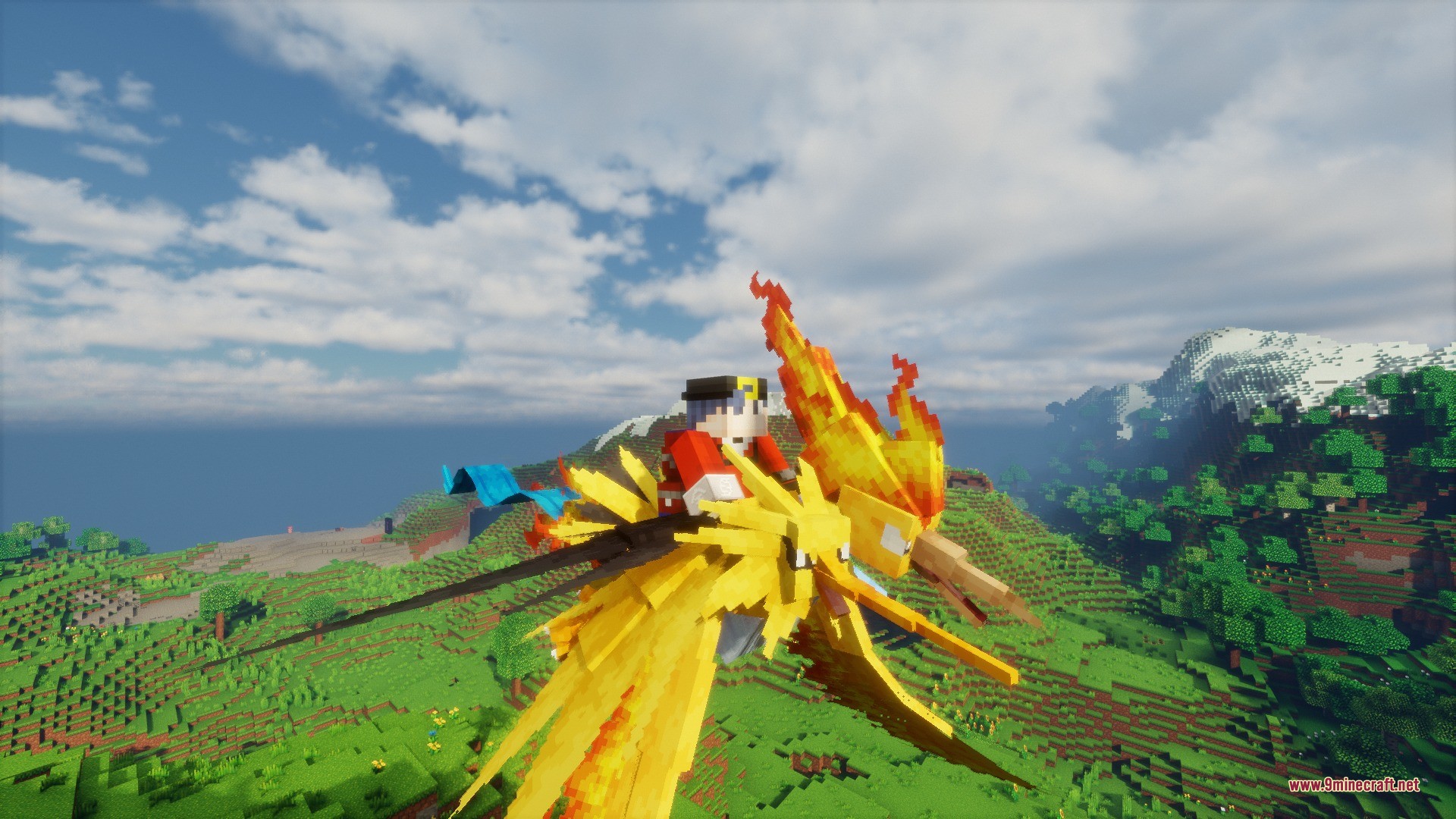 A player character riding the legendary bird fusion Thufizer through the sky