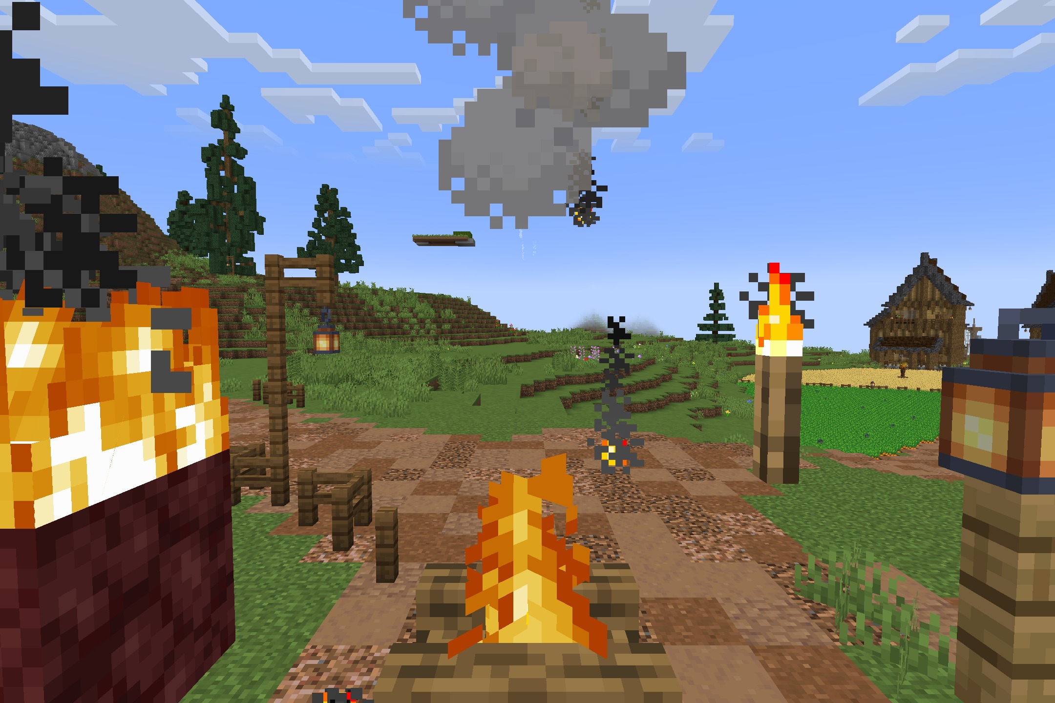 Embellished Stone Resource Pack Screenshot 4 Campfires and lanterns placed along a dirt path in a Minecraft world