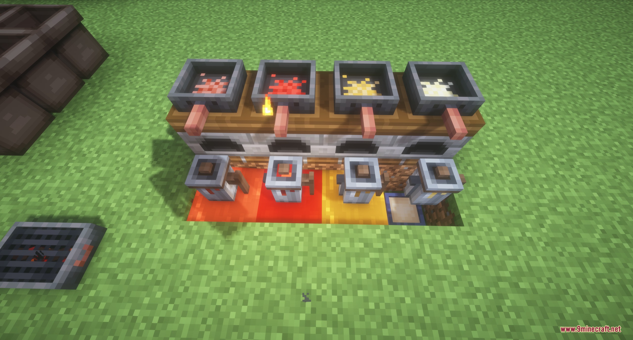 Four oil pressing stations processing different oils over fire and magma