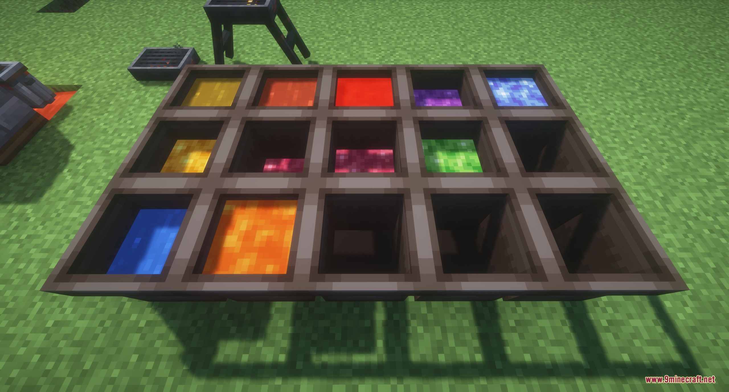 A grid of wooden basins filled with various colorful liquids and cooking oils