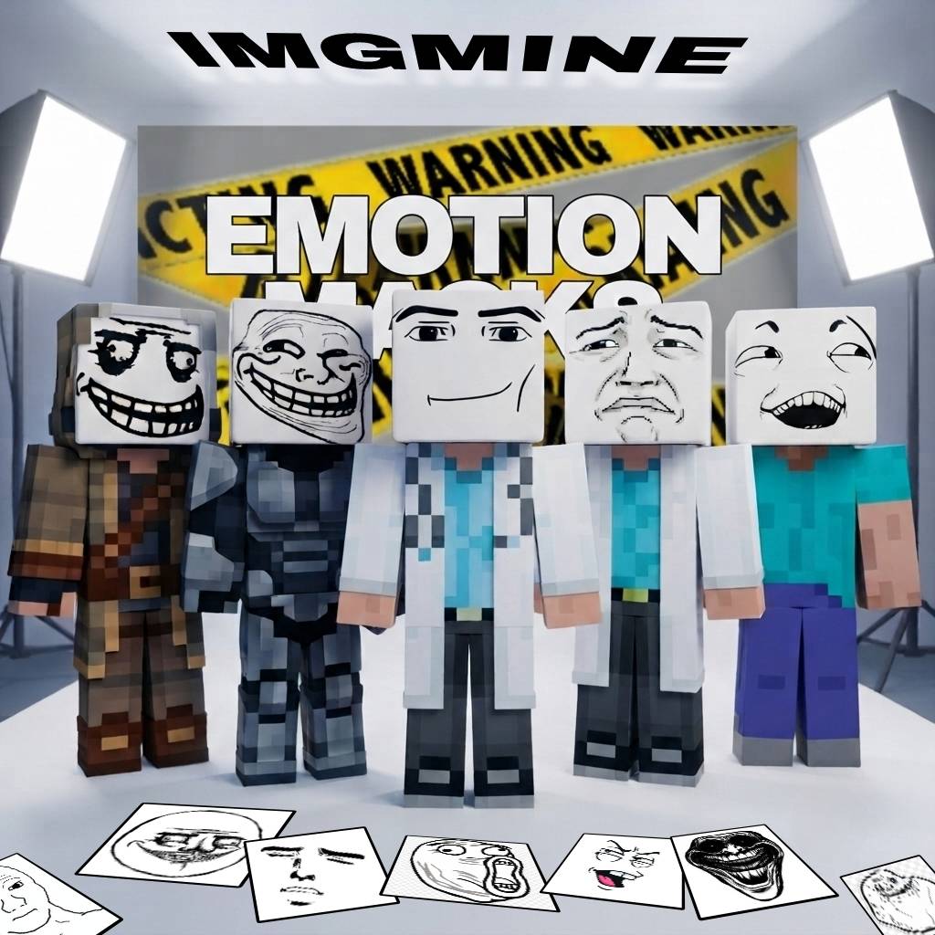Emotion Mask Addon Screenshot 2 Five Minecraft characters wearing fun face masks in a studio with masks on floor