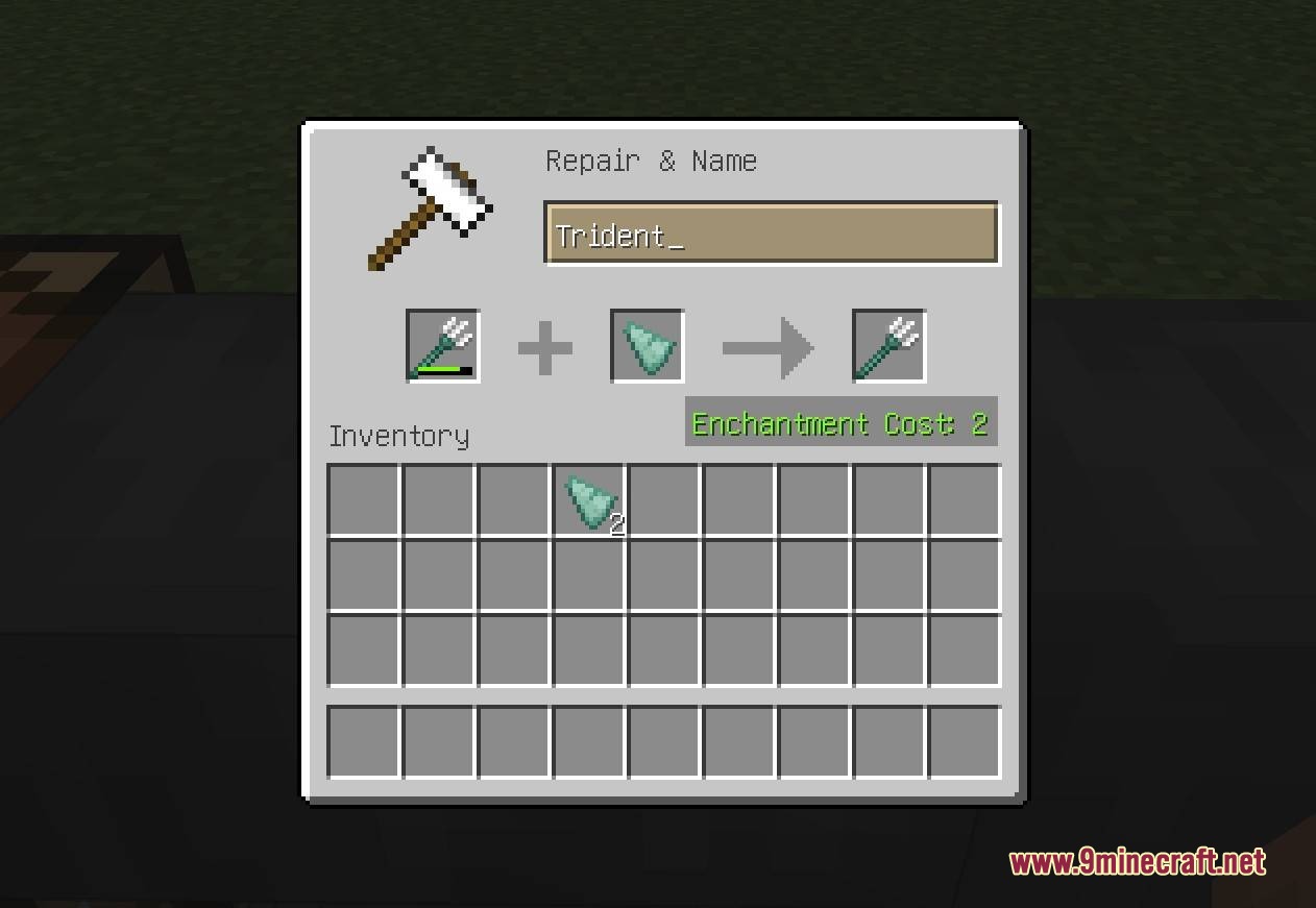 Enchant Once Mod Screenshot 2 Repairing a damaged trident with a prismarine shard in the anvil menu