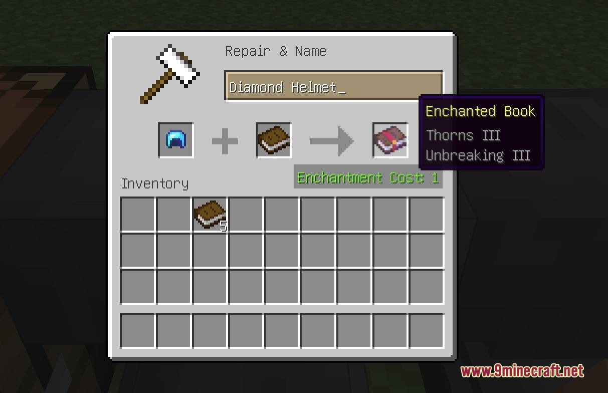 Enchant Once Mod Screenshot 4 Transferring enchantments from a diamond helmet onto a book in an anvil