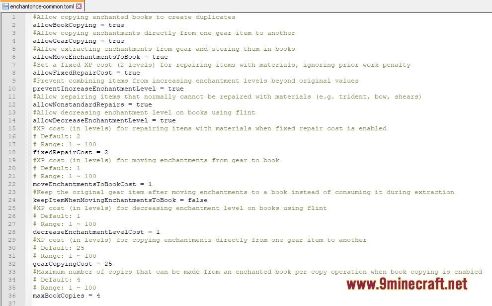 Enchant Once Mod Screenshot 8 Configuration file for the Enchant Once mod showing various customizable gameplay settings