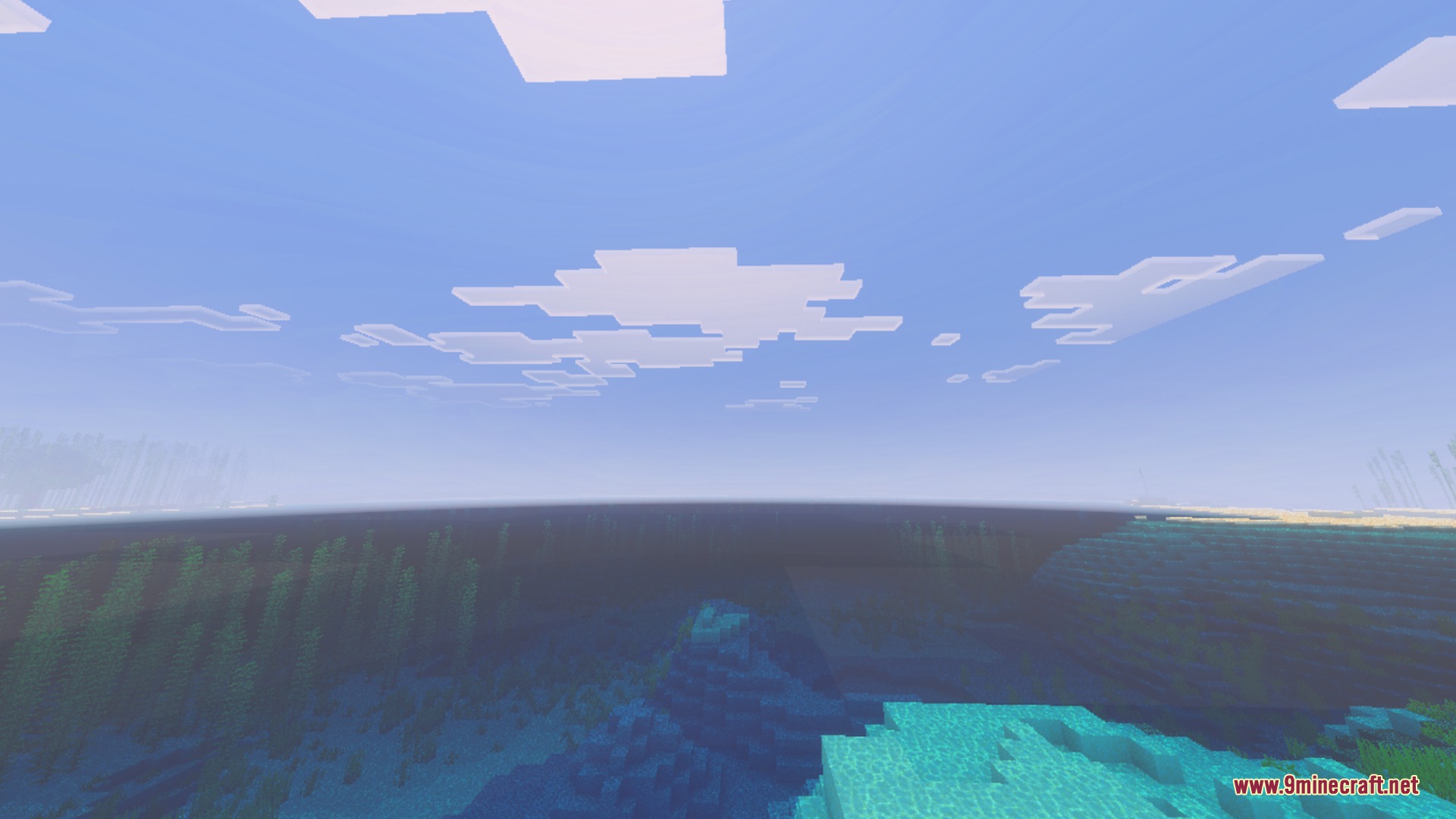 Enchanted Outline Shader Screenshot 2 Transparent blue water revealing underwater plants and sand blocks in a Minecraft landscape