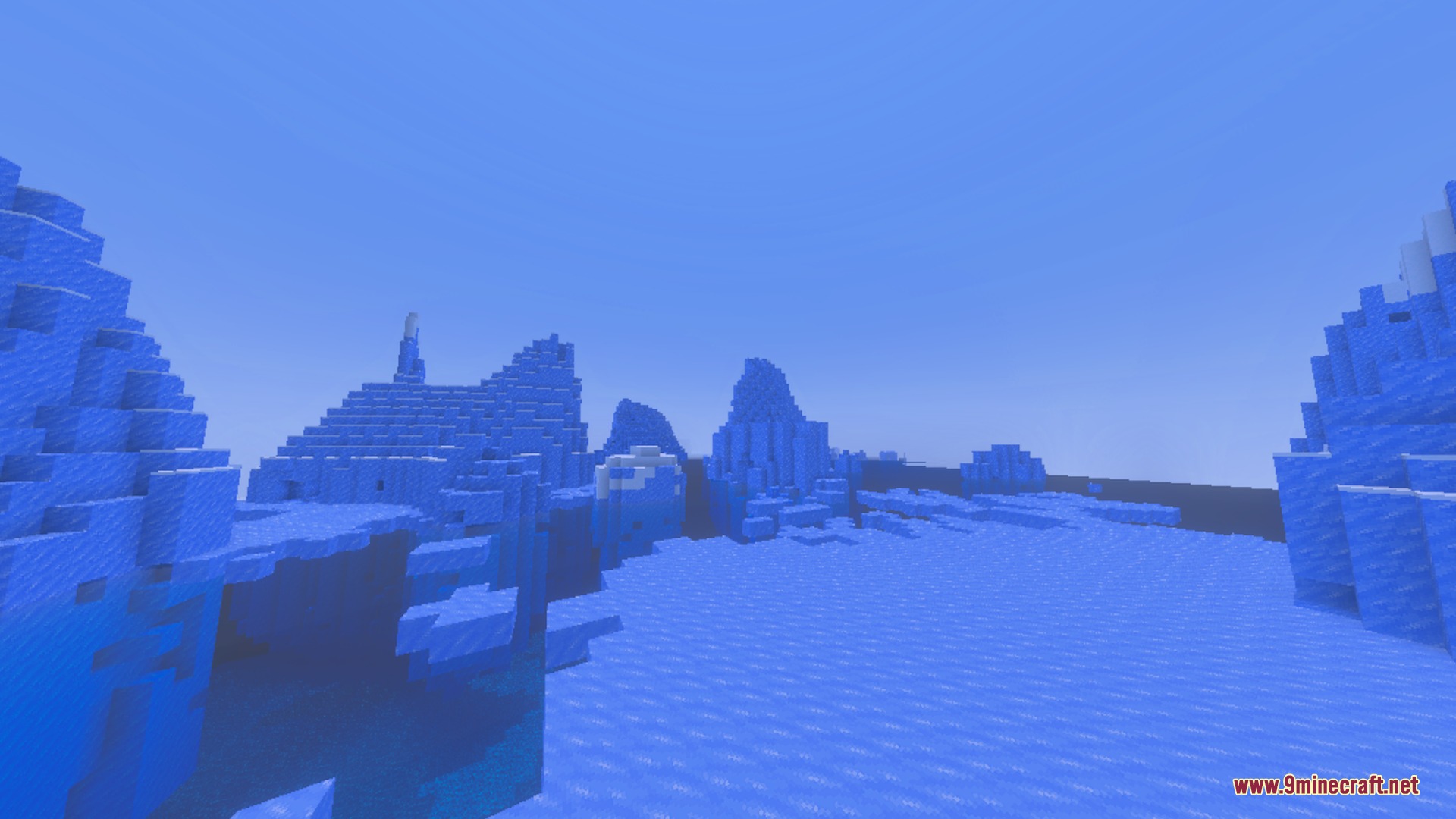 Enchanted Outline Shader Screenshot 4 Large blue icebergs and frozen water in a cold Minecraft biome