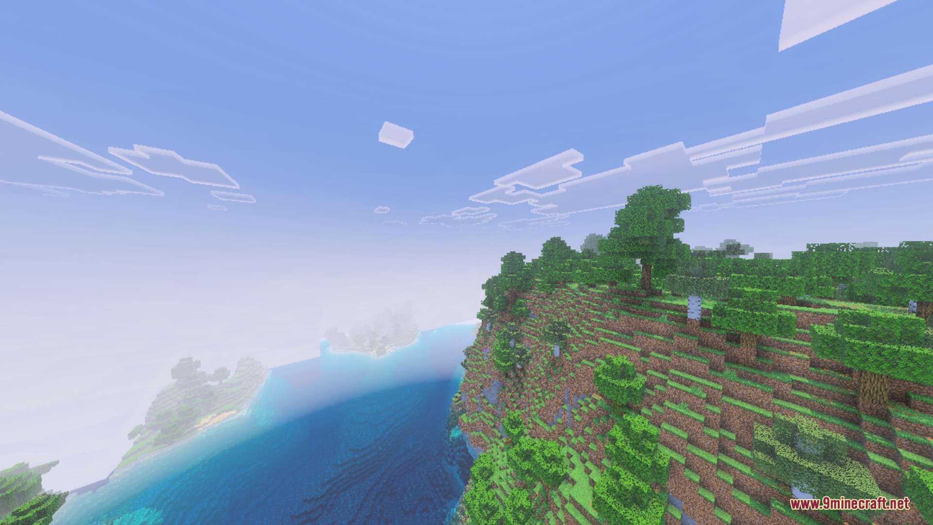Enchanted Outline Shader Screenshot 7 A scenic Minecraft landscape with a green cliff overlooking a misty ocean