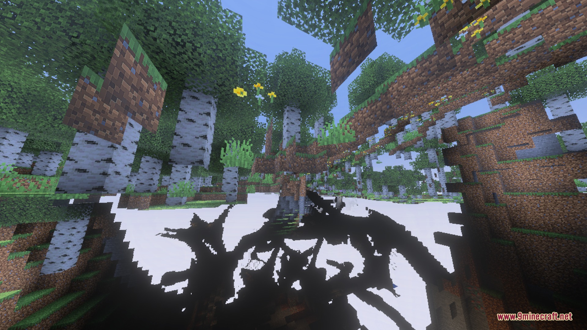 Enchanted Outline Shader Screenshot 8 A glitchy view from underground showing floating birch trees and grass blocks