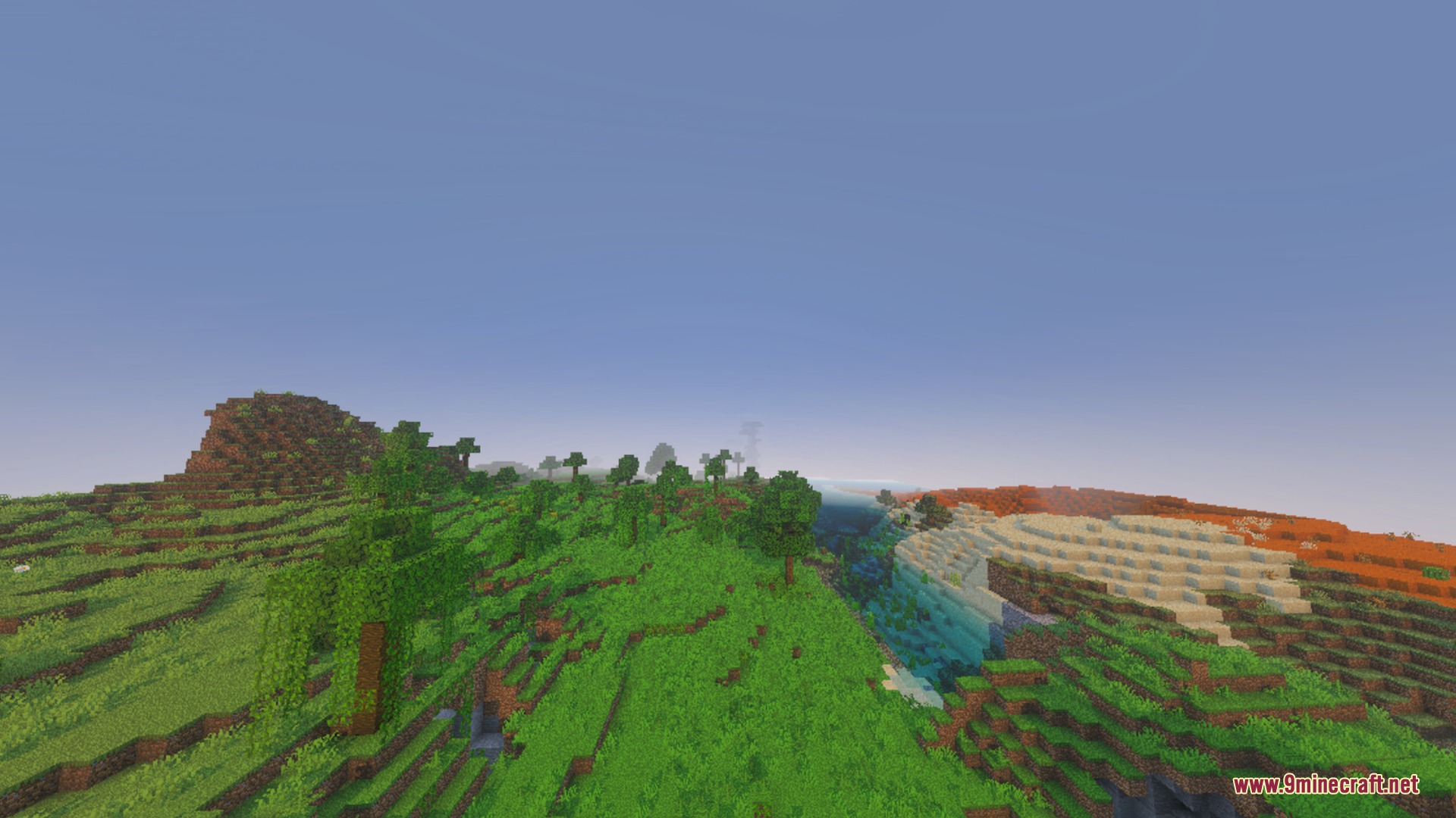 Enchanted Outline Shader Screenshot 9 A beautiful Minecraft landscape featuring green hills and a distant desert biome