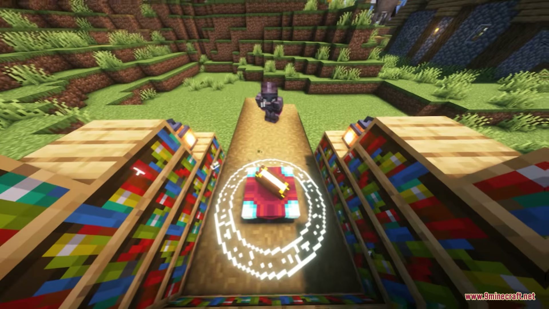 Enchanting Reimagined Resource Pack Screenshot 1 A player in netherite armor stands near a glowing magical enchanting table