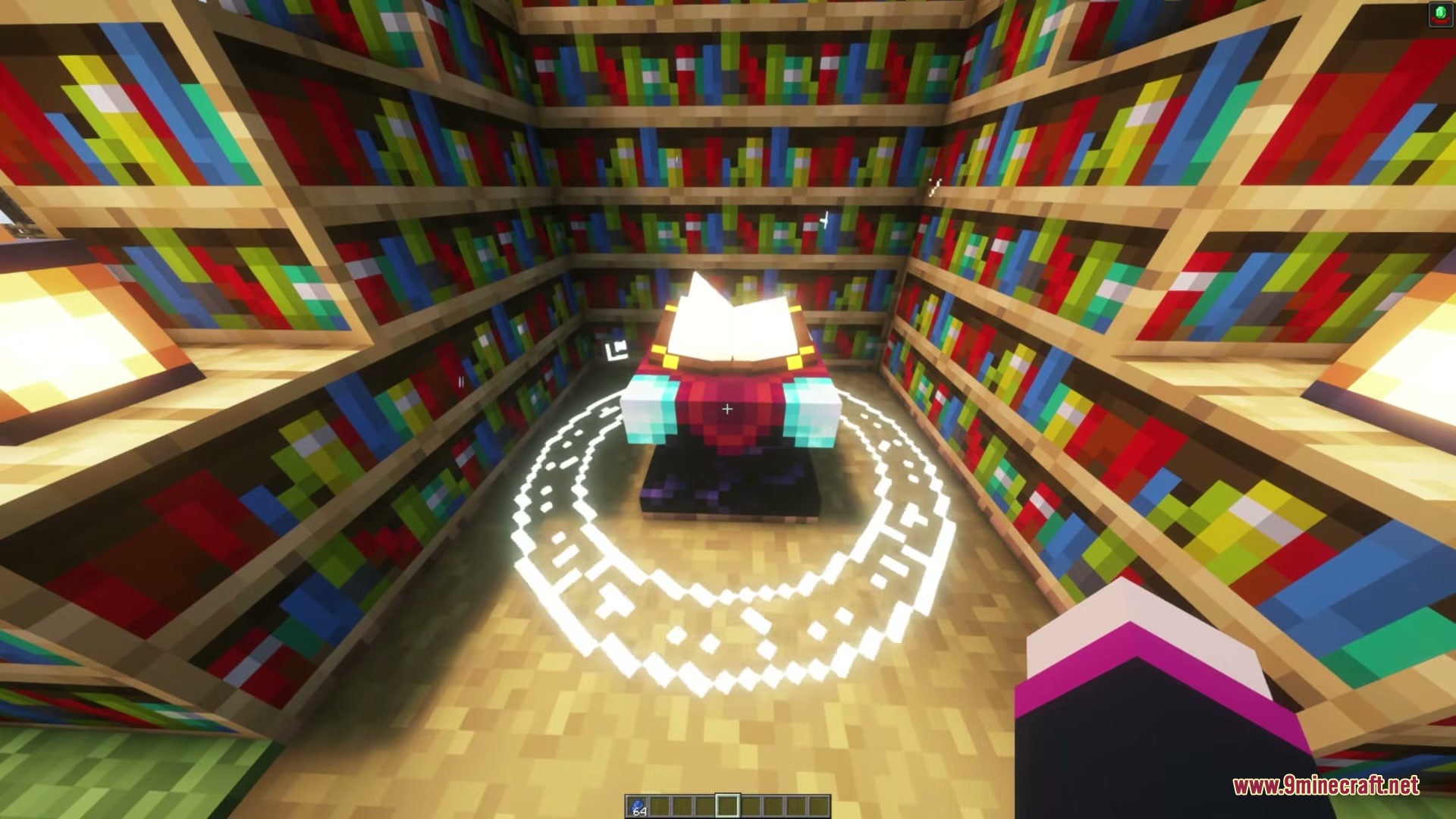 Enchanting Reimagined Resource Pack Screenshot 5 An enchanting table with a glowing magic circle and surrounding bookshelves