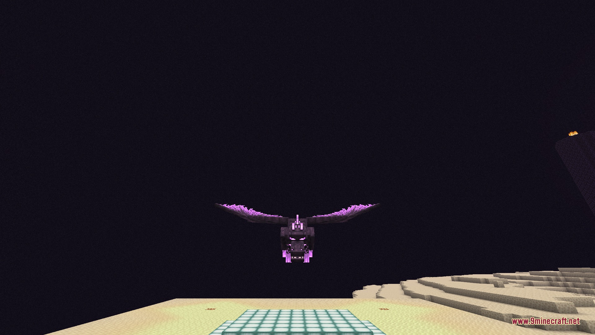 Ender Dragon Revamp 9minecraft Resource Pack Screenshot 1 The Ender Dragon with glowing purple wings flies through the dark End sky