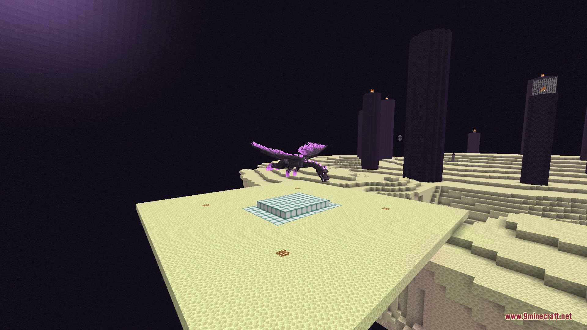 Ender Dragon Revamp 9minecraft Resource Pack Screenshot 2 Ender Dragon with vibrant purple wings soaring above the End island pillars