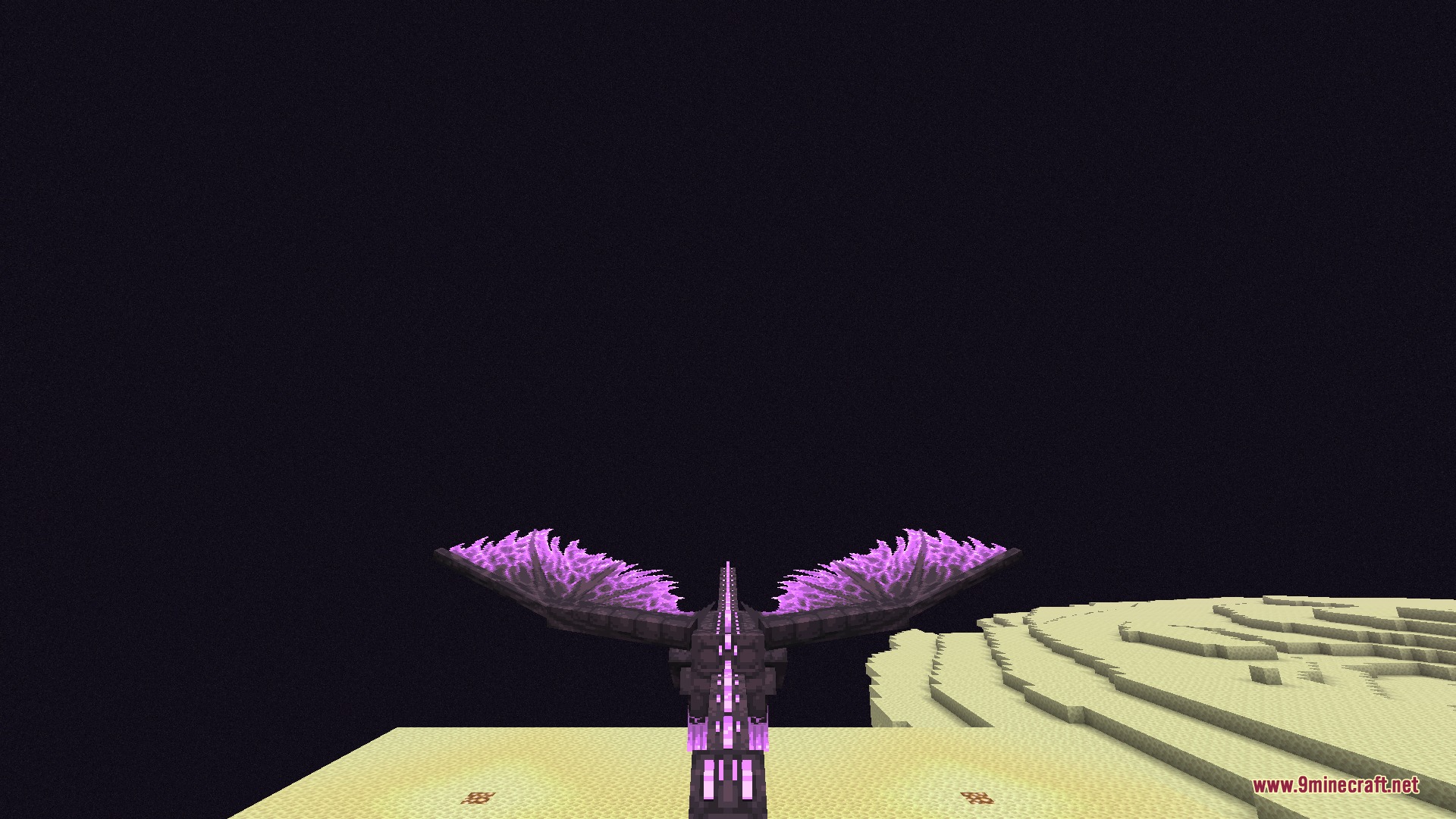 Ender Dragon Revamp 9minecraft Resource Pack Screenshot 3 Ender Dragon with glowing purple wings flying over the End islands