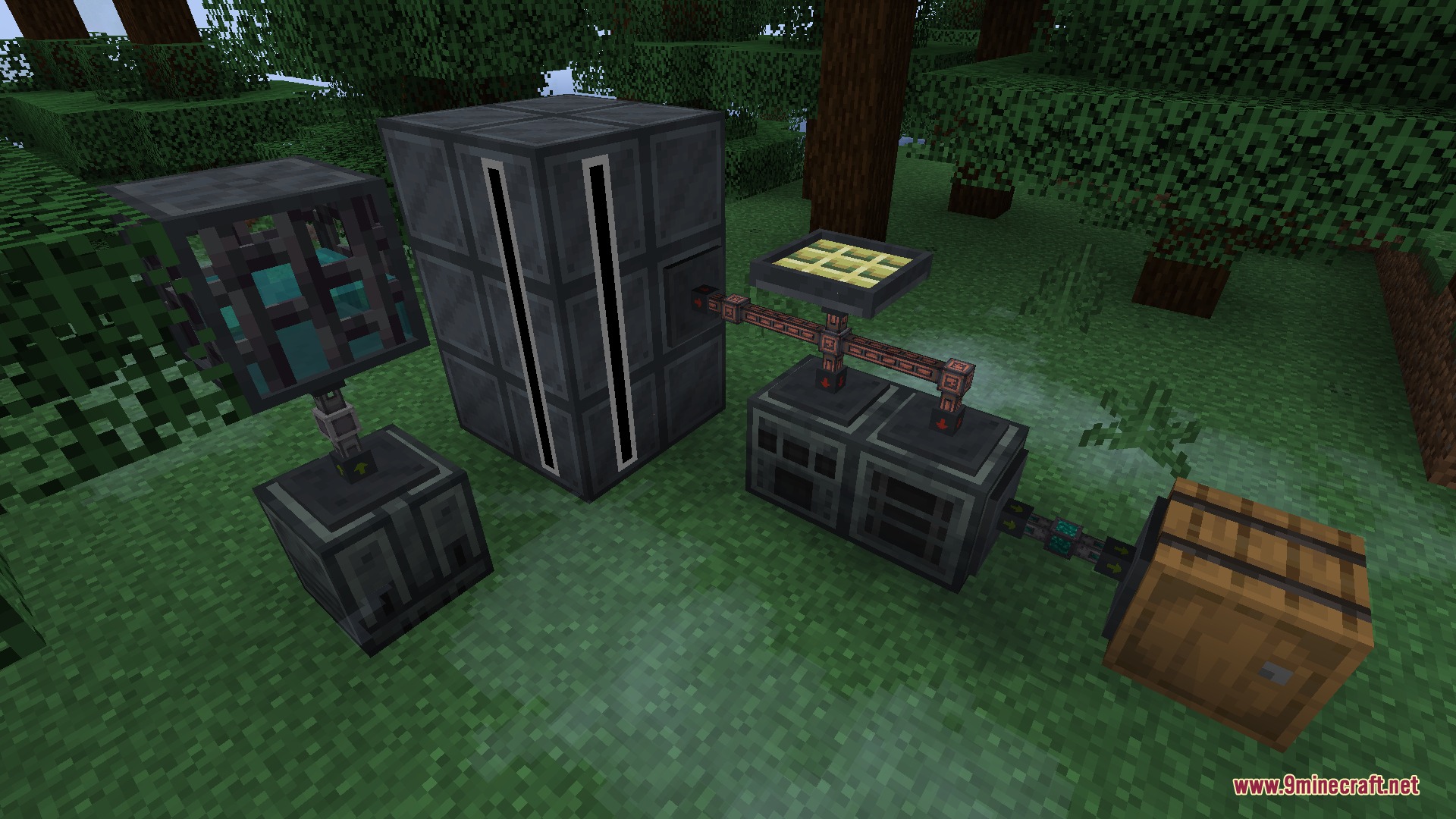 Ender IO Into the Void Resource Pack Screenshot 1 Ender IO machines and energy conduits connected together in a forest clearing
