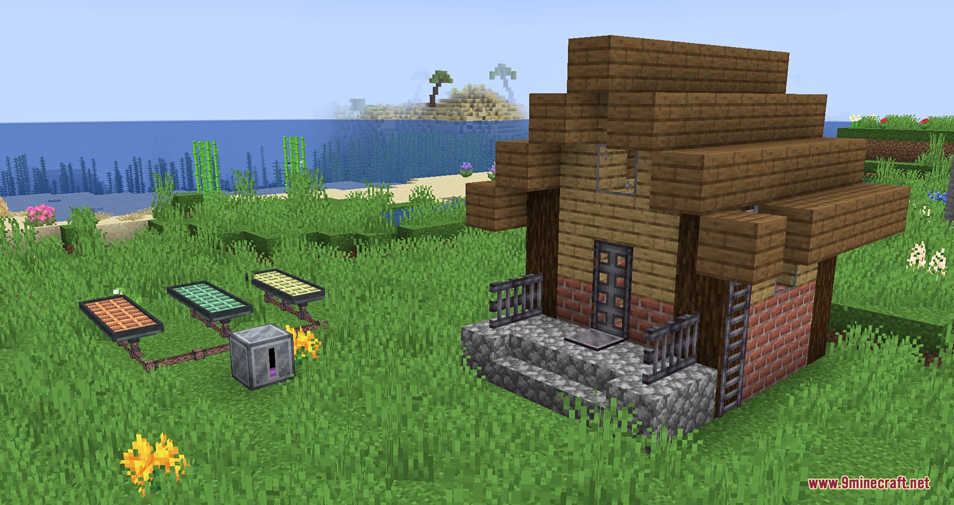 Ender IO Into the Void Resource Pack Screenshot 4 Solar panels and machines placed in front of a small wooden house