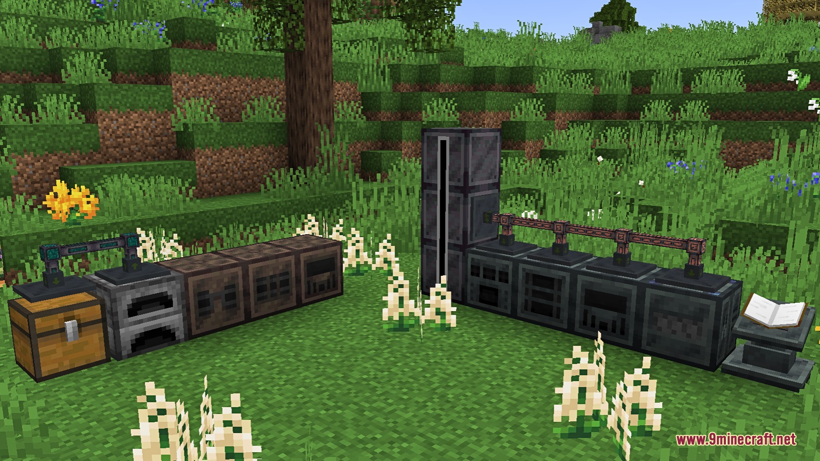 Ender IO Into the Void Resource Pack Screenshot 5 Industrial machines and red conduits connected together in a grassy Minecraft landscape