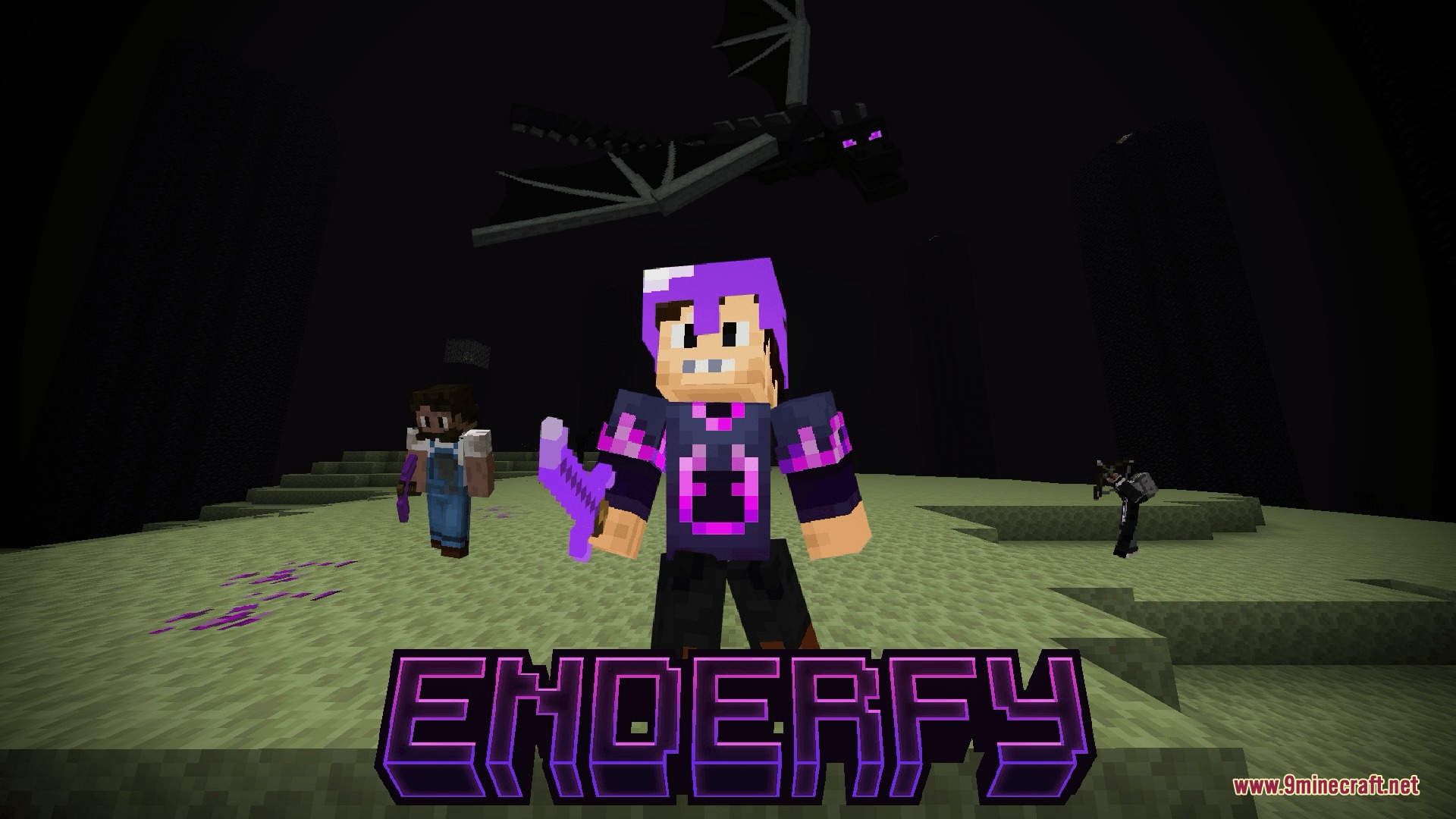 Enderfy Mod Screenshot 1 A character in purple armor standing in the End with the Enderfy logo