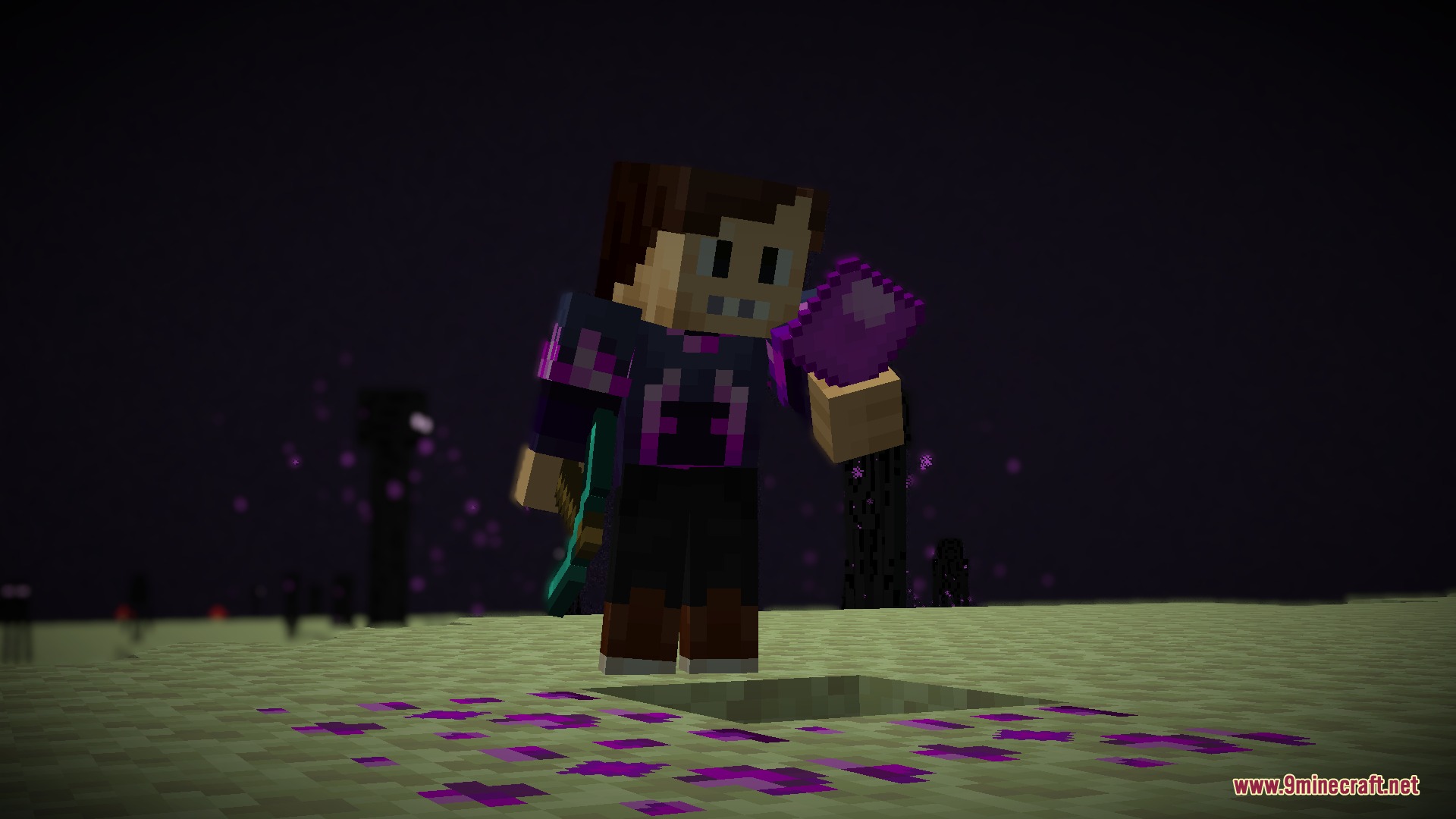 Enderfy Mod Screenshot 3 A player holds a purple pearl piece while exploring the End dimension