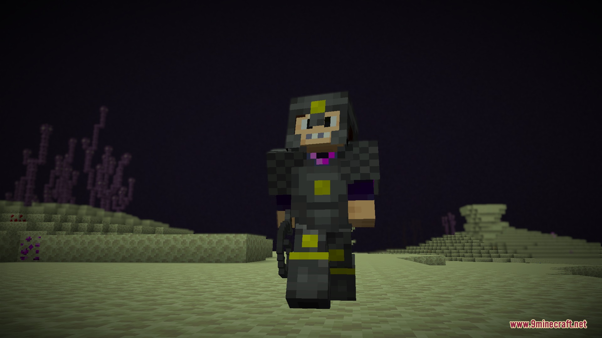 Enderfy Mod Screenshot 4 A Minecraft character wearing a full set of dark enderite armor