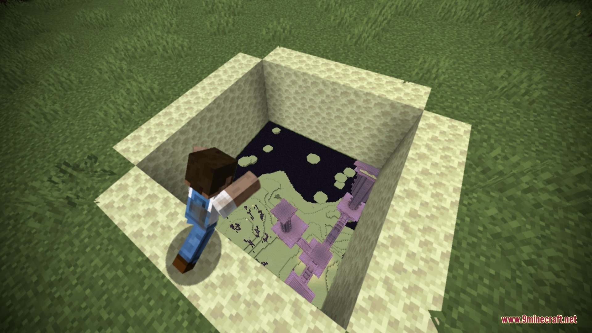 Enderfy Mod Screenshot 5 A player jumps into a hole in the ground showing the End dimension