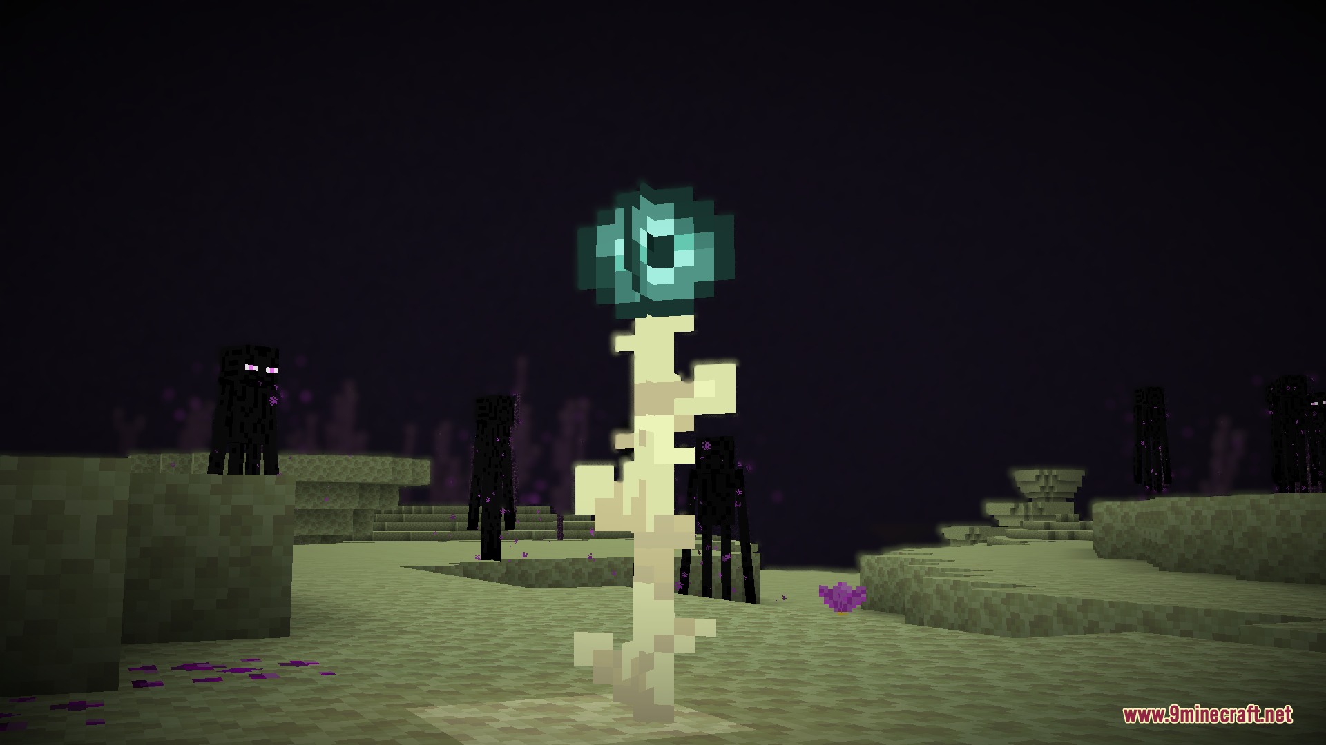 Enderfy Mod Screenshot 6 An ender pearl sits on a plant stem surrounded by dark Endermen