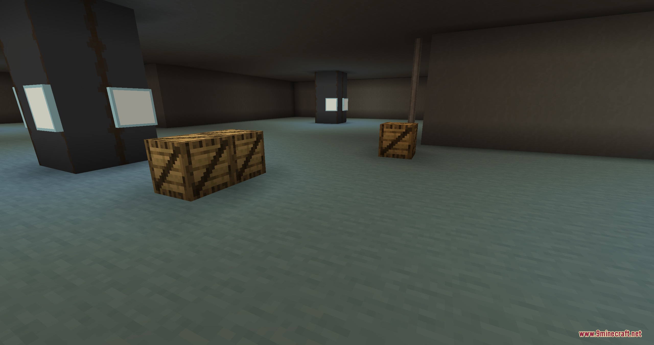 Endless Backrooms Mod Screenshot 1 Wooden crates and dark pillars inside Level One of the Minecraft Backrooms
