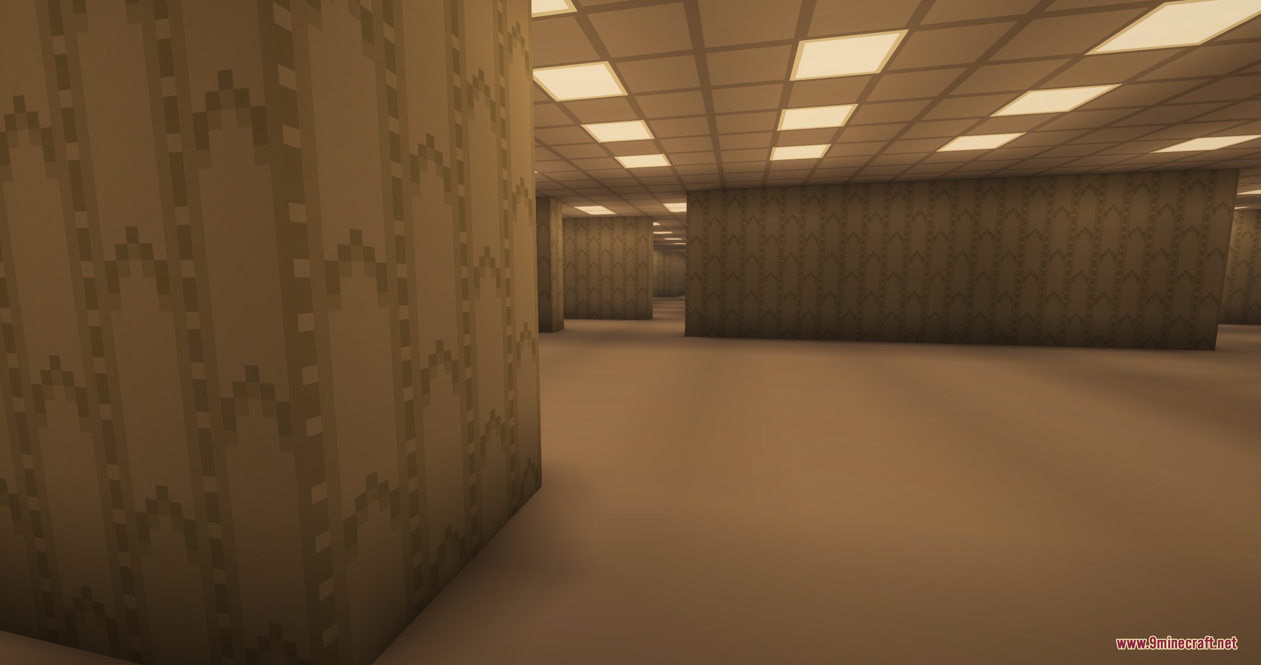 Endless Backrooms Mod Screenshot 2 Infinite yellow hallways and bright ceiling lights in Level Zero