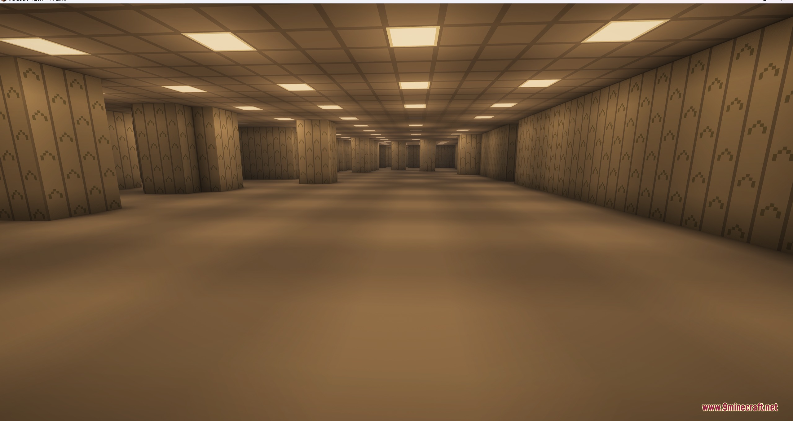 Endless Backrooms Mod Screenshot 3 Infinite yellow rooms with glowing ceiling lights in the Endless Backrooms Mod