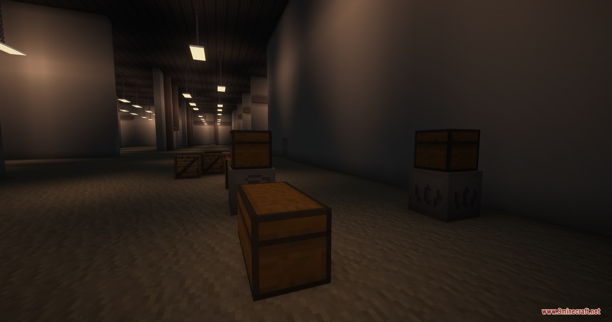 Endless Backrooms Mod Screenshot 5 Wooden crates and chests in a dark warehouse level of Endless Backrooms Mod