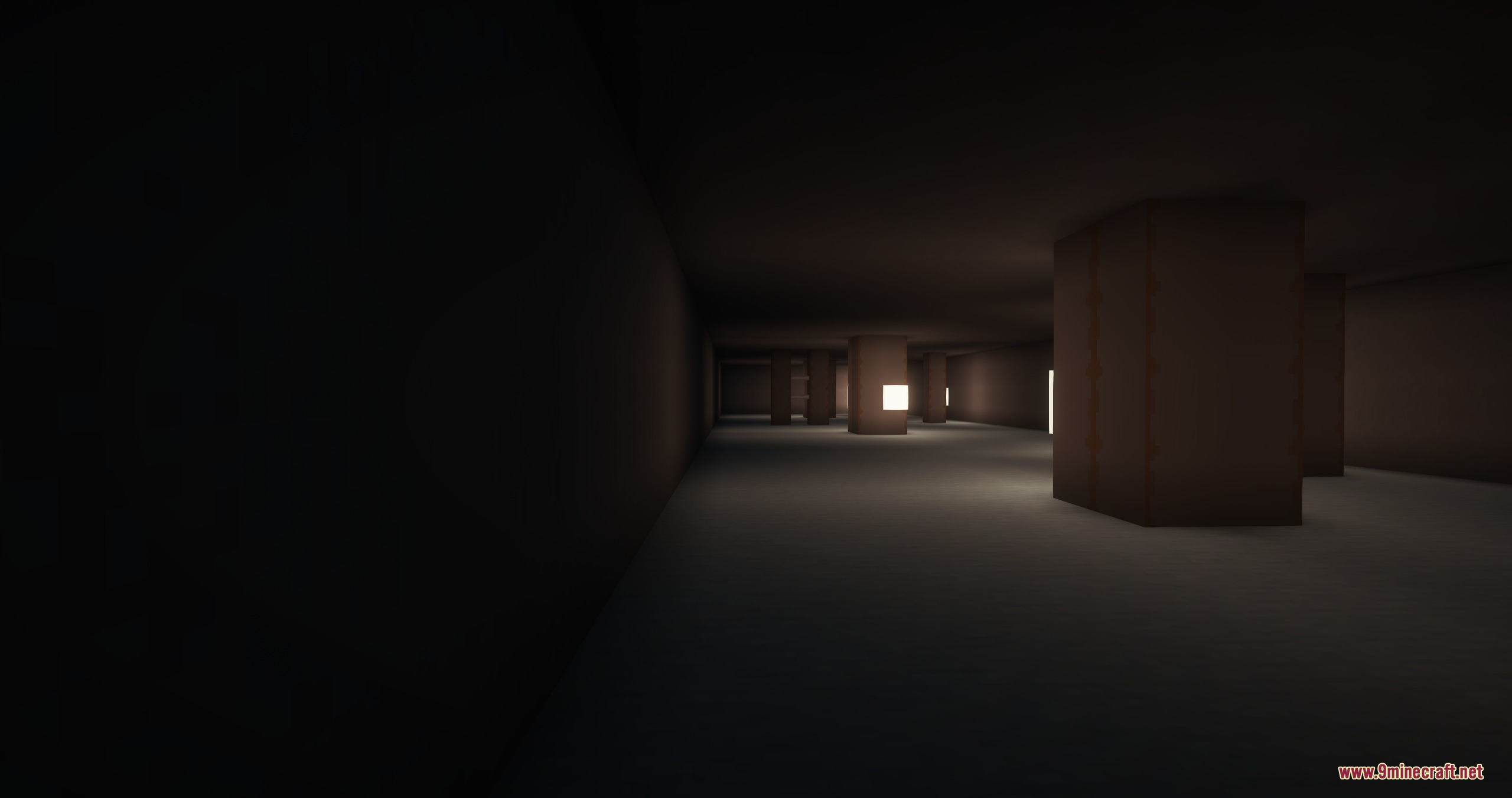 Endless Backrooms Mod Screenshot 6 A dark and empty corridor with square pillars and distant light sources