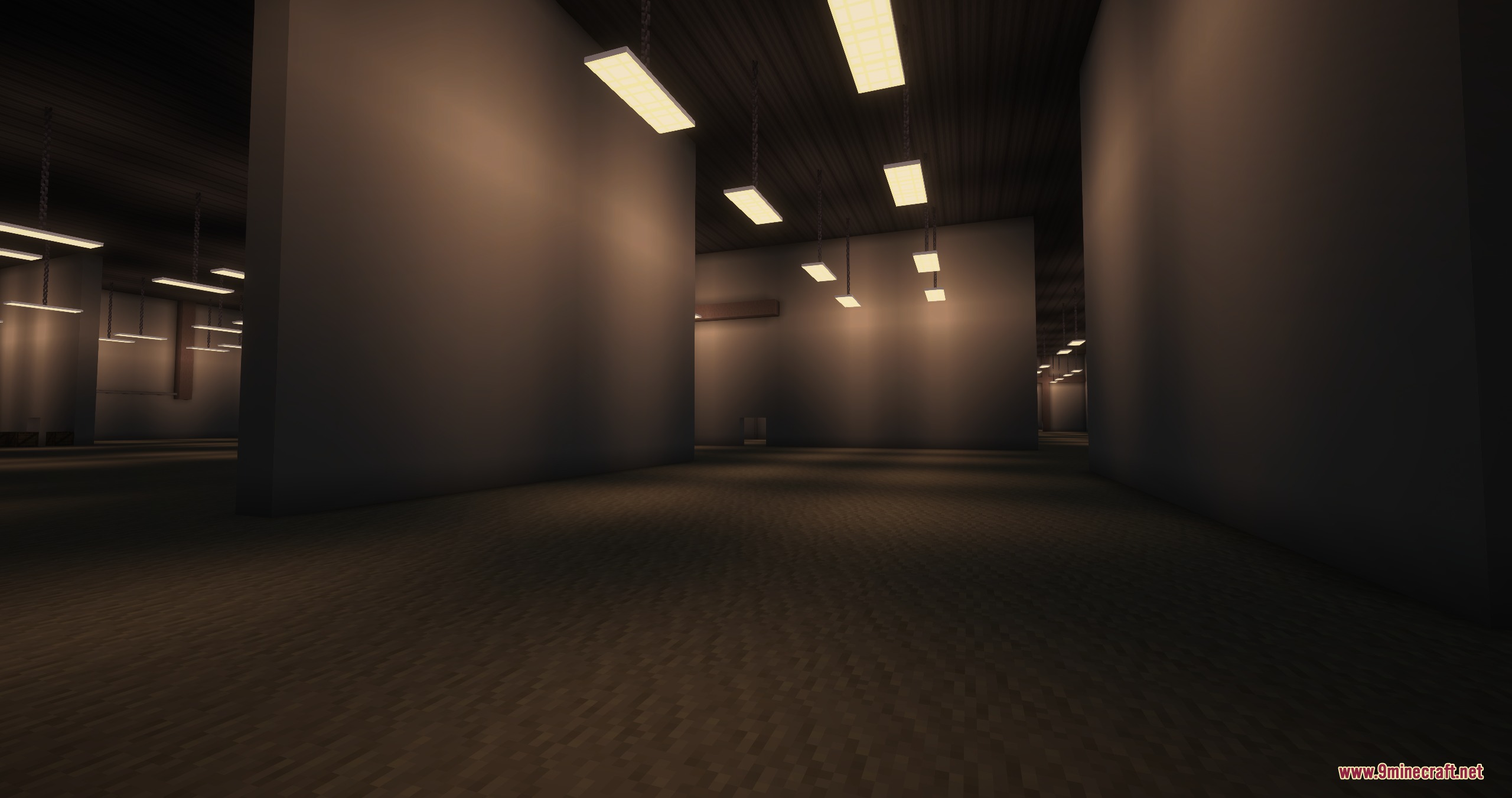 Endless Backrooms Mod Screenshot 7 A vast empty room with tall walls and glowing rectangular ceiling lights