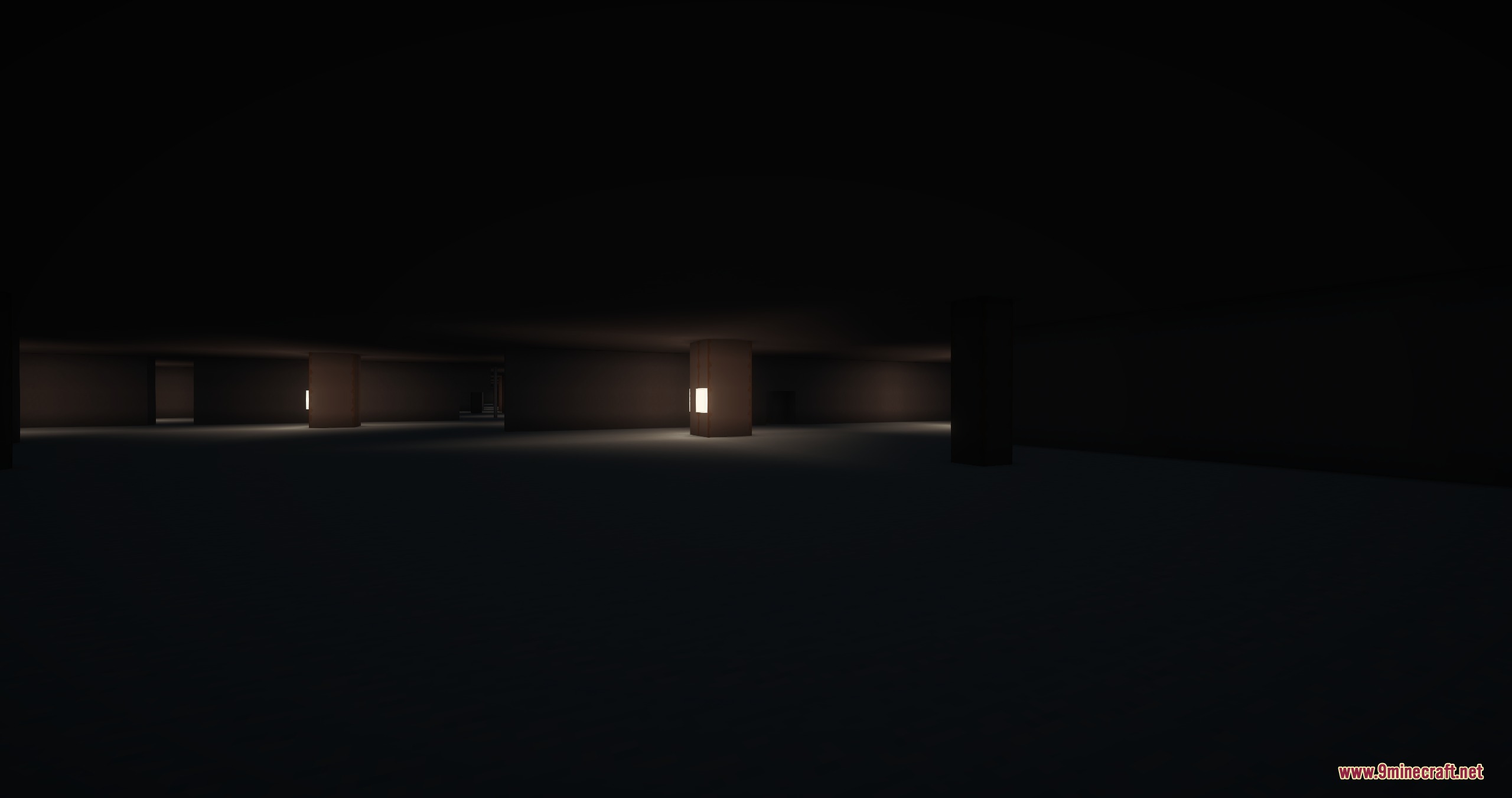 Endless Backrooms Mod Screenshot 8 Exploring a dark underground level with small lights attached to square pillars