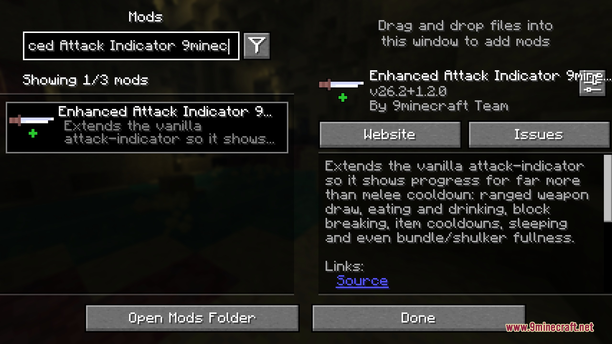 Minecraft mod menu screen showing details for the Enhanced Attack Indicator