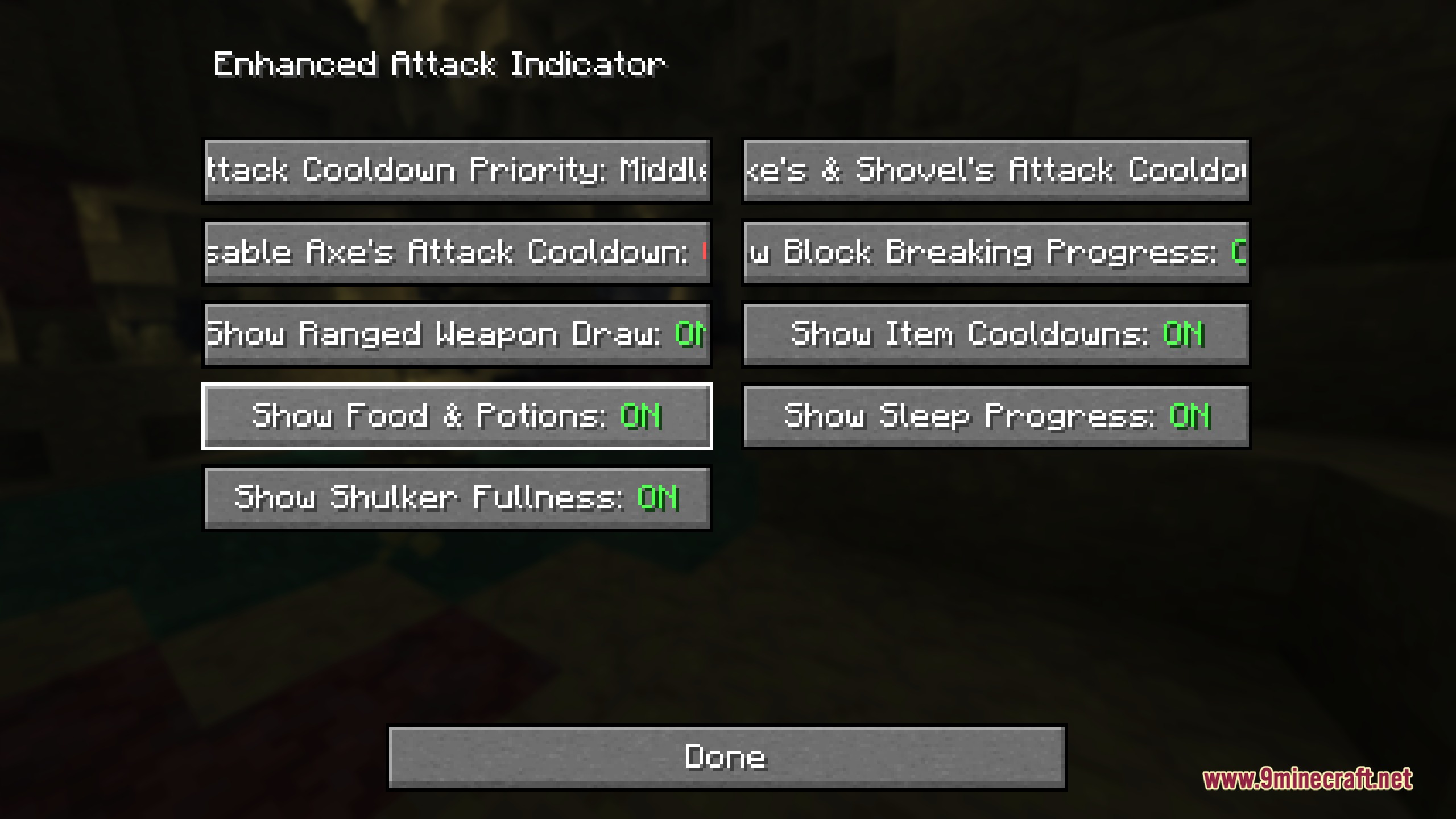 Configuration menu for Enhanced Attack Indicator showing various toggleable display settings
