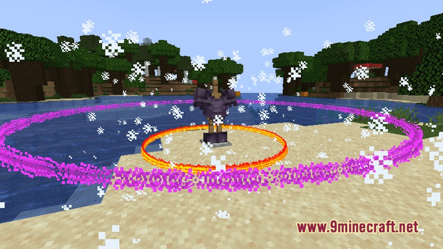 Enhanced Enchanting & Enchantments Mod Screenshot 1 Armor stand with netherite gear emitting magical particle rings and snowflake effects