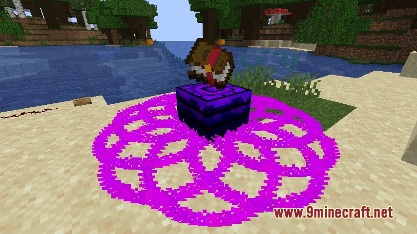 Enhanced Enchanting & Enchantments Mod Screenshot 4 An enchanted book floats above a glowing purple pedestal on the beach