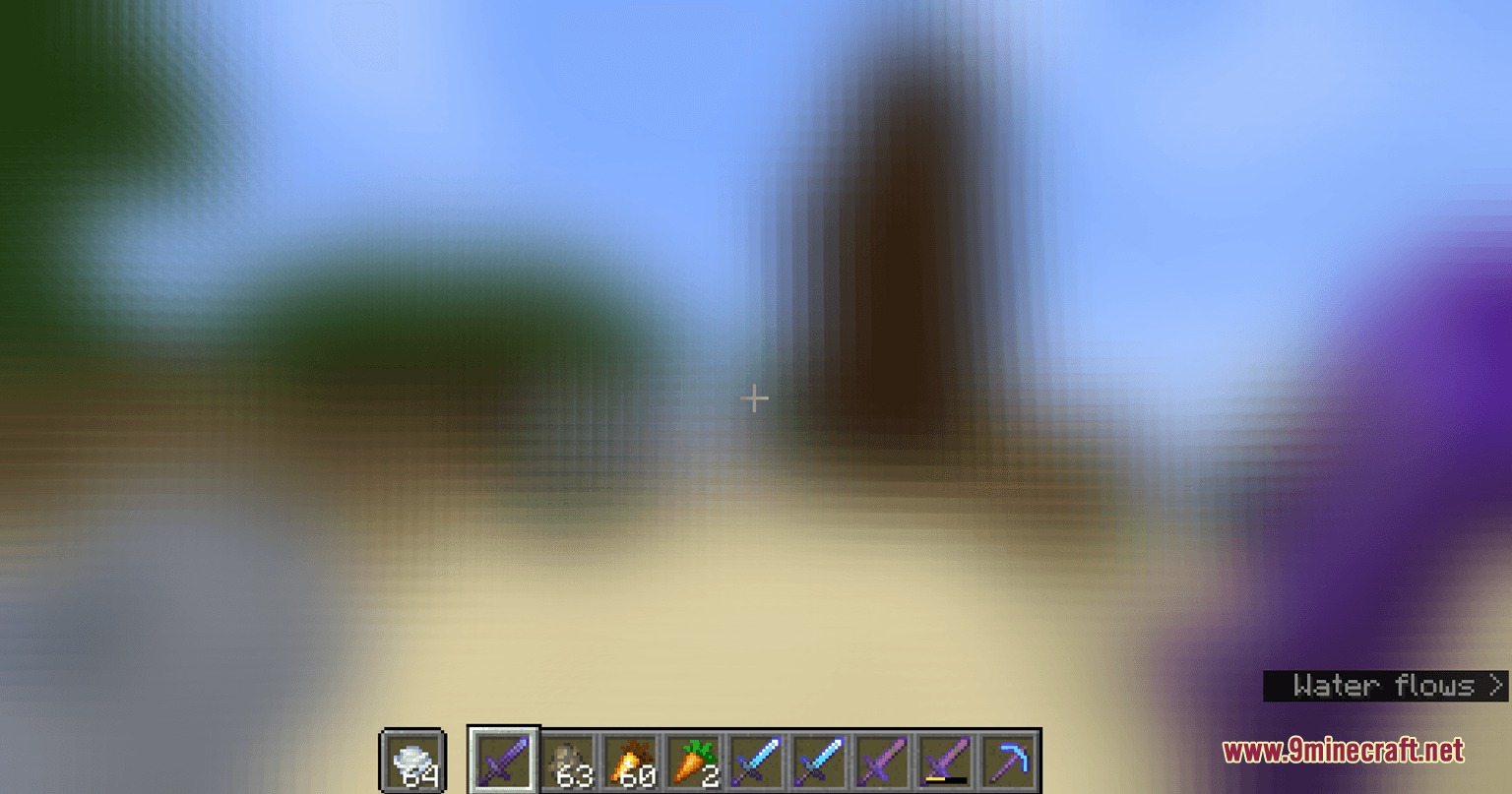 Enhanced Enchanting & Enchantments Mod Screenshot 5 A blurry Minecraft screen showing a hotbar with enchanted weapons and golden carrots