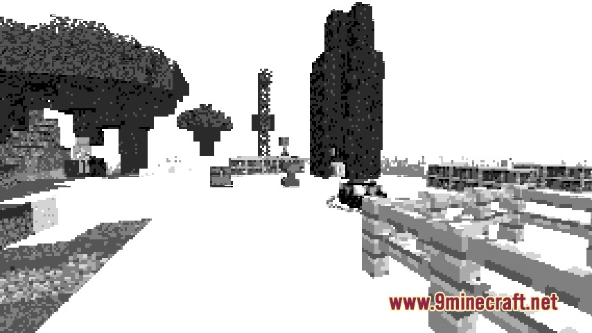 Enhanced Enchanting & Enchantments Mod Screenshot 6 High contrast black and white view of a Minecraft village with wooden fences