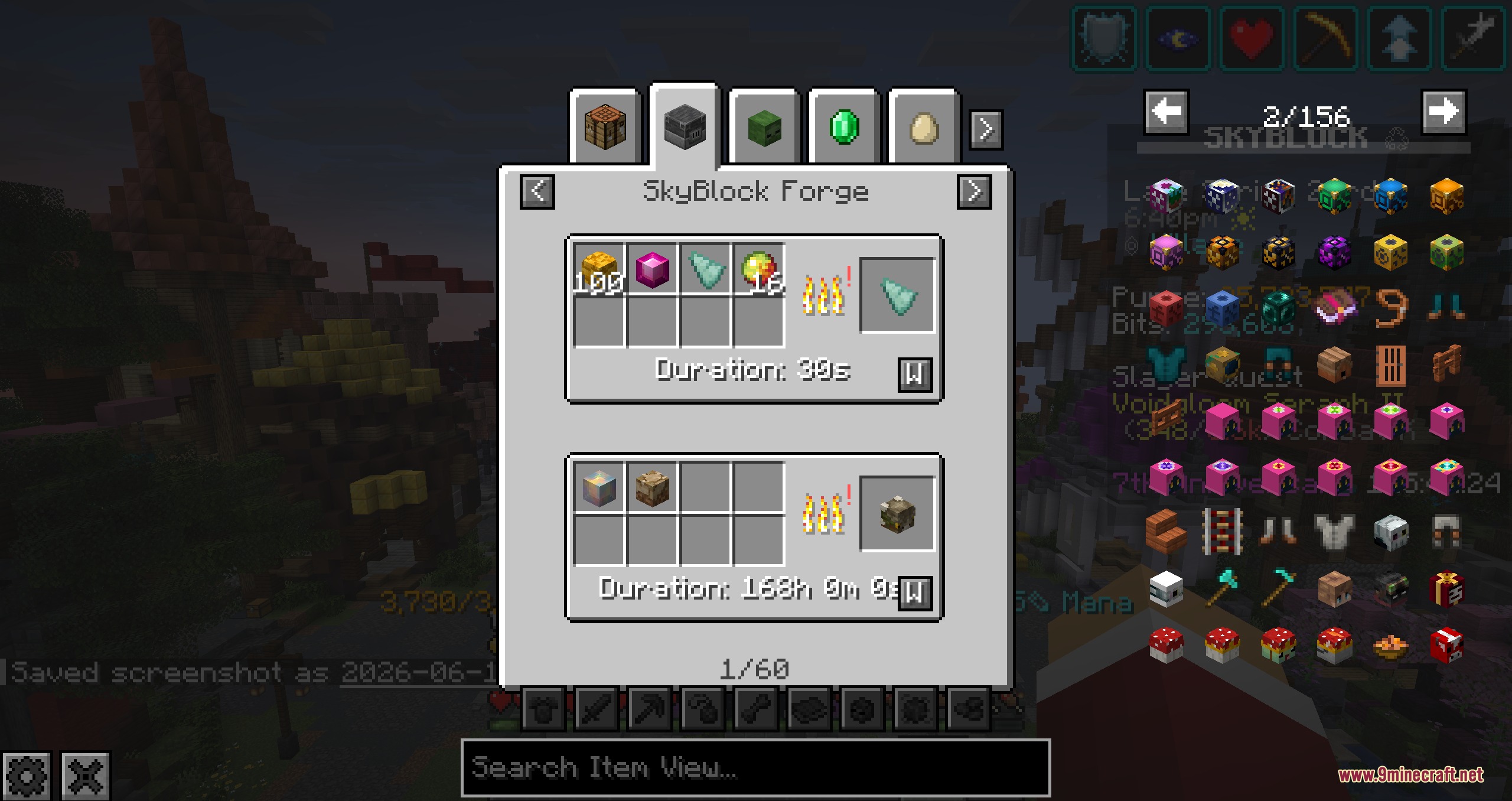Enhanced Sky Recipes Mod Screenshot 3 The SkyBlock Forge menu displays item crafting recipes with specific duration timers