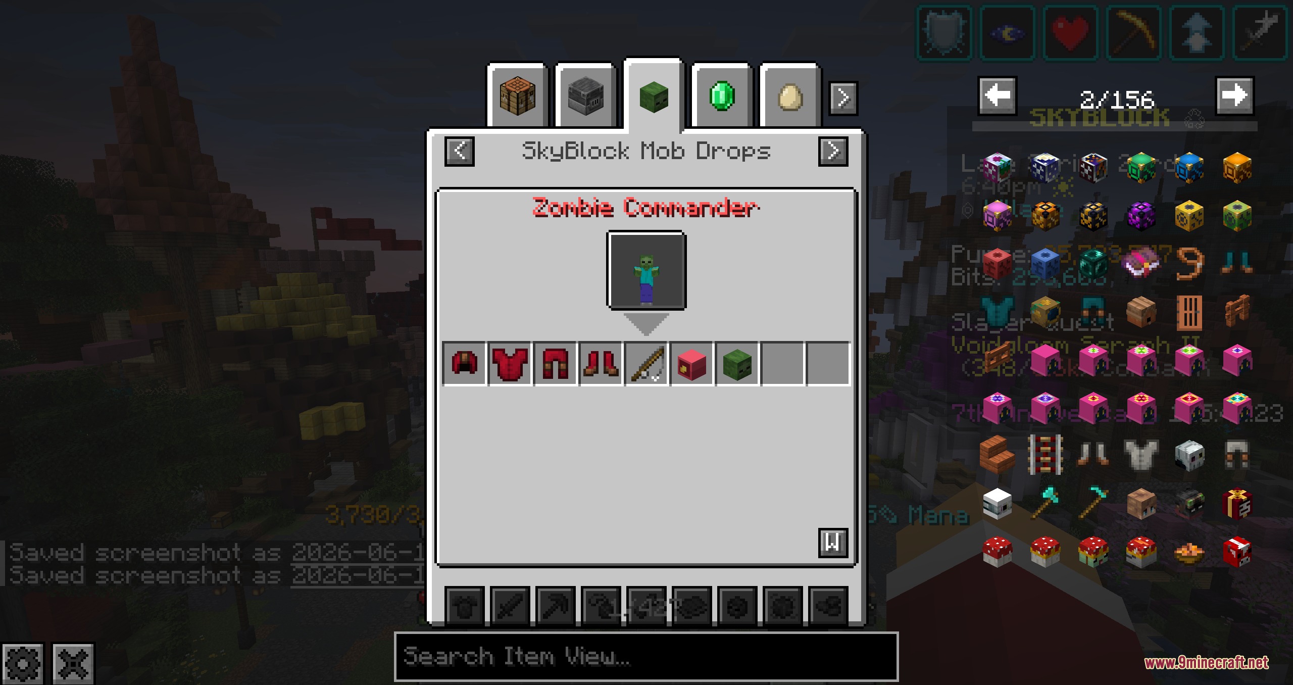 Enhanced Sky Recipes Mod Screenshot 4 The SkyBlock Mob Drops interface lists items dropped by a Zombie Commander