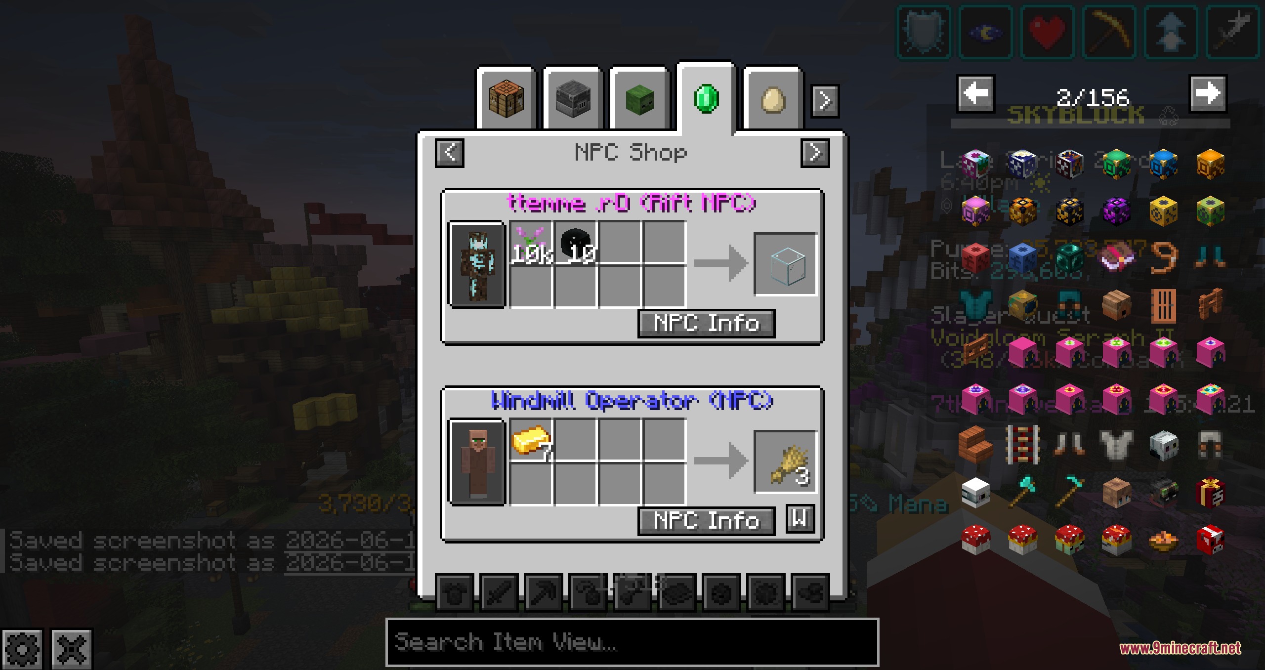Enhanced Sky Recipes Mod Screenshot 5 NPC Shop interface showing trade recipes for Etienne and Windmill Operator