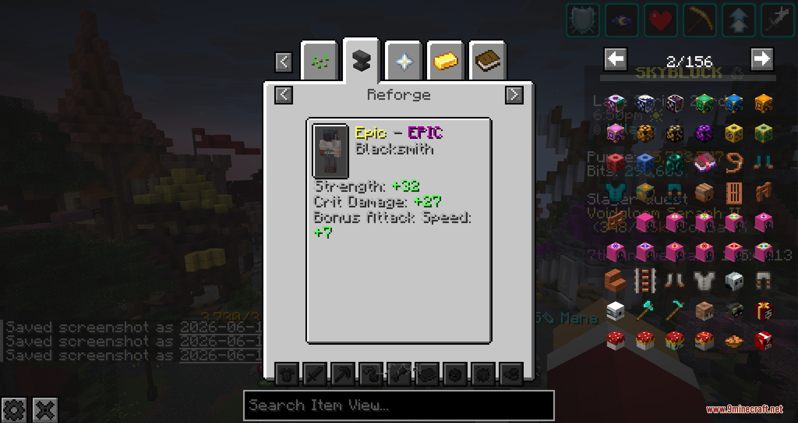 Enhanced Sky Recipes Mod Screenshot 8 Minecraft menu showing reforge statistics and bonus attributes for an epic blacksmith item
