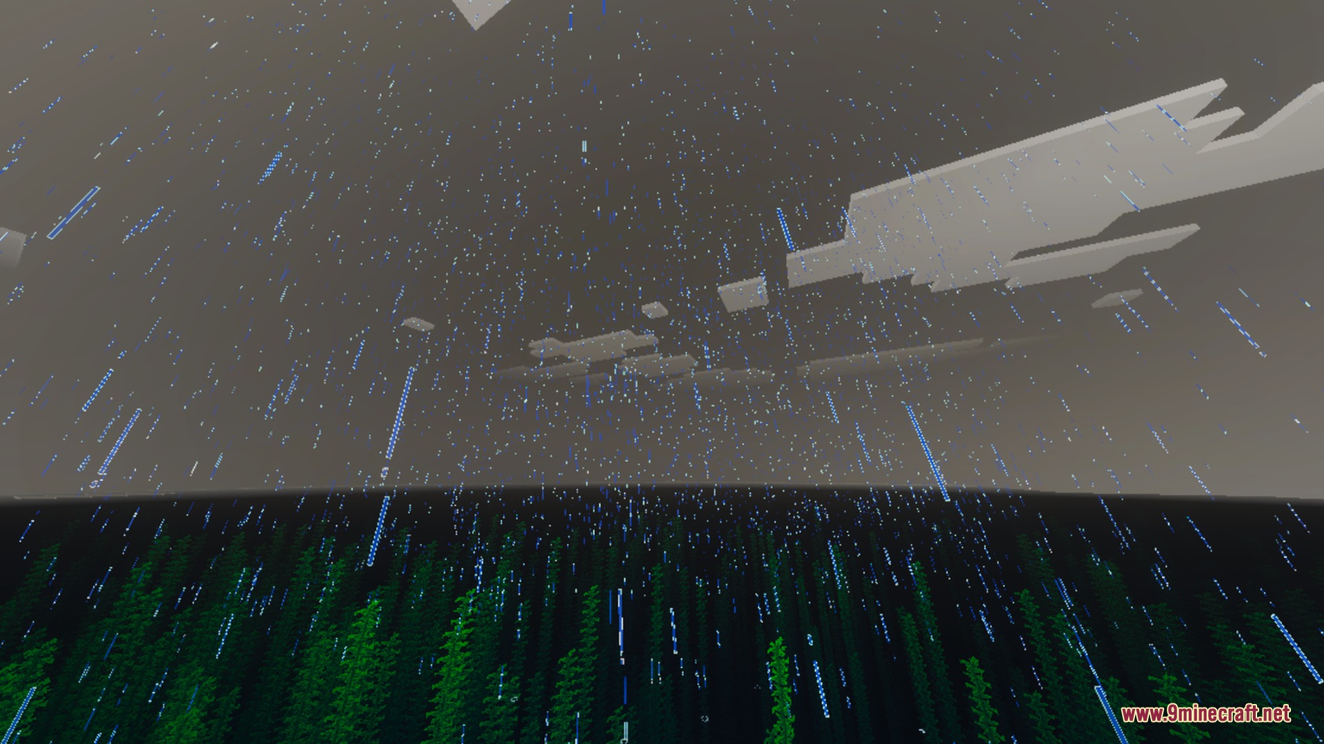 Enhanced Vibrant Visuals Shader Screenshot 10 Rain particles falling through the dark sky above a dense field of green seagrass