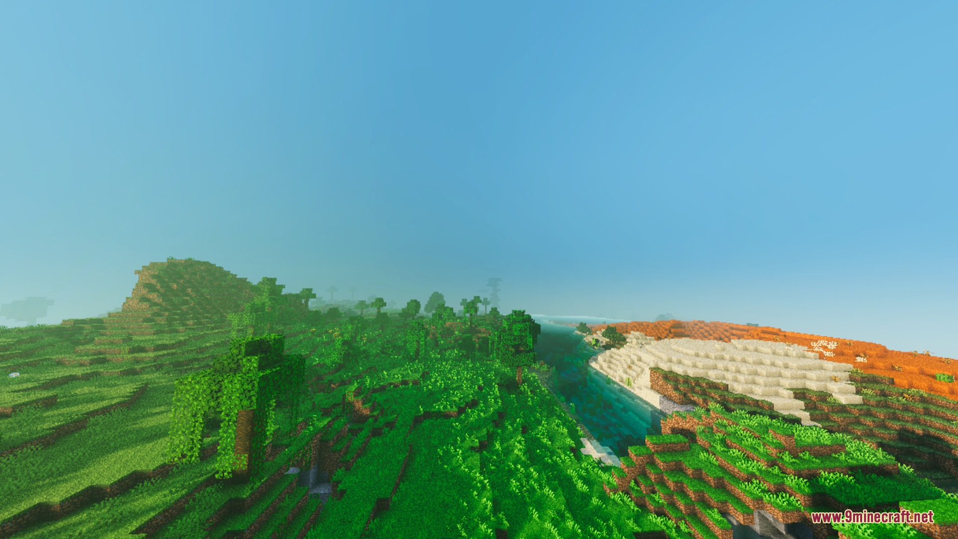 Enhanced Vibrant Visuals Shader Screenshot 9 Vibrant Minecraft landscape with lush green hills and a desert biome under clear skies