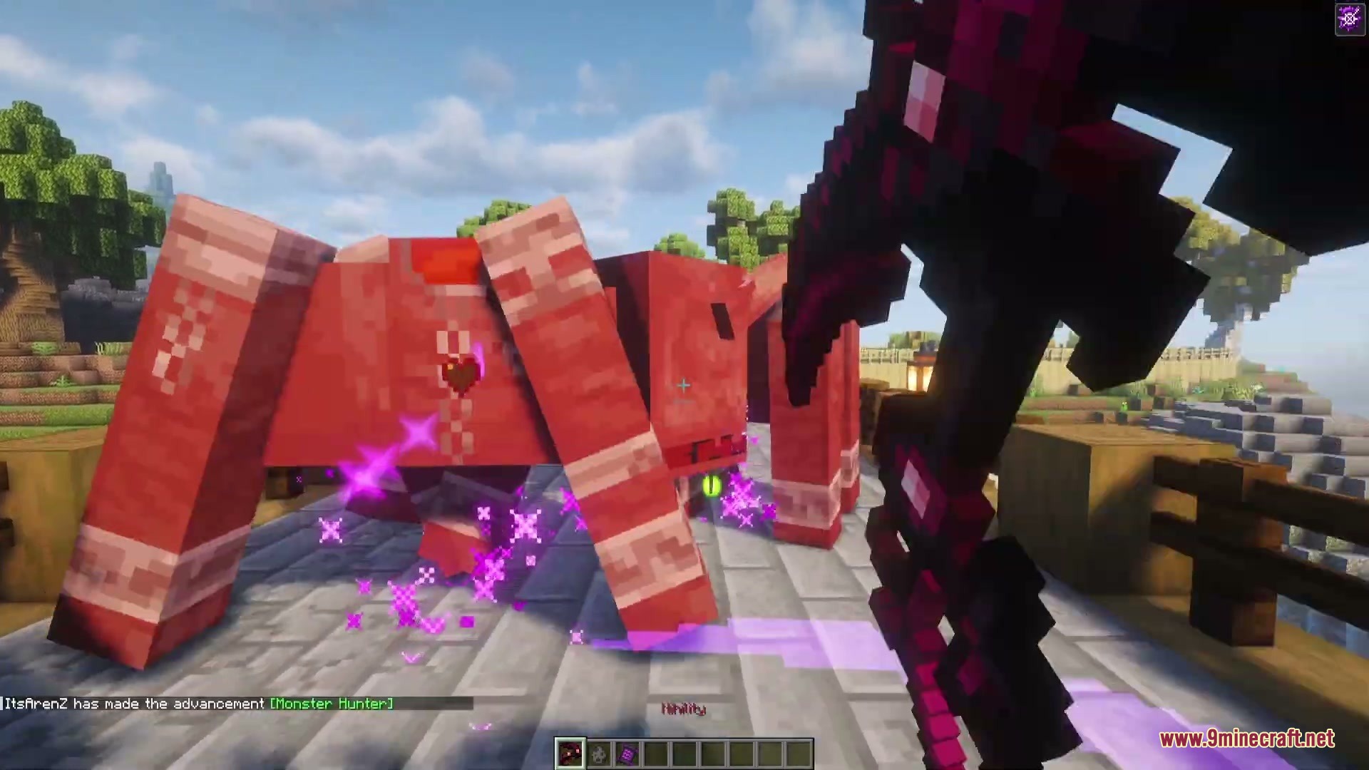 Enigmatic Arcana Mod Screenshot 4 Player strikes a giant creature with the Nihility scythe in a Minecraft world