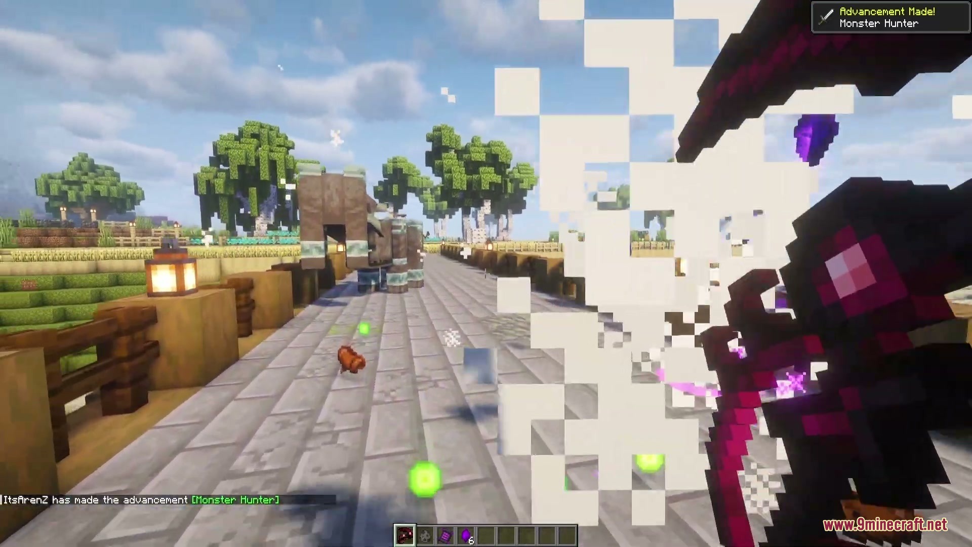 Enigmatic Arcana Mod Screenshot 5 Player using a dark magical scythe to defeat a Ravager in a village