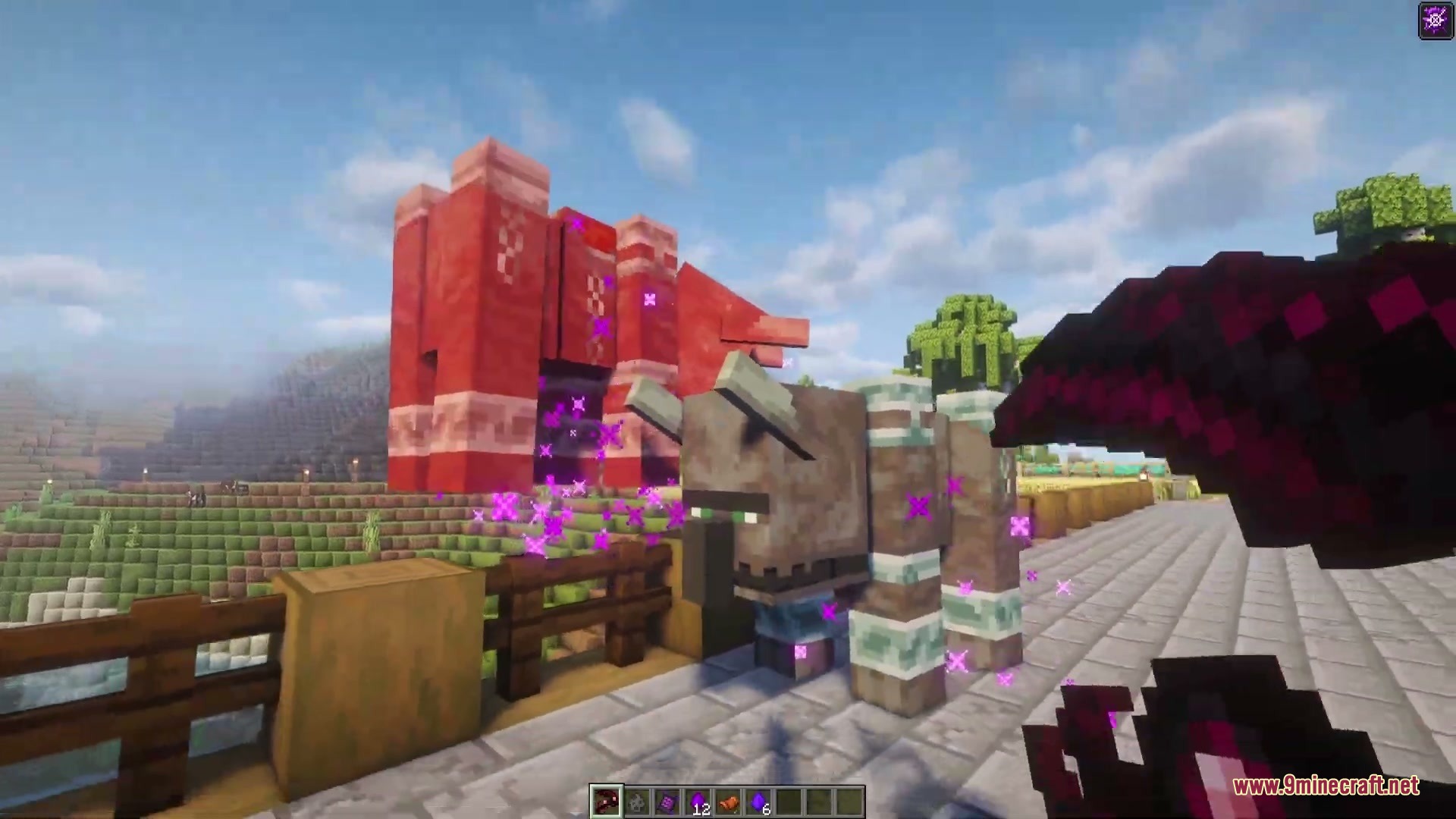 Enigmatic Arcana Mod Screenshot 6 Player holding a magical scythe near a Ravager and a red structure