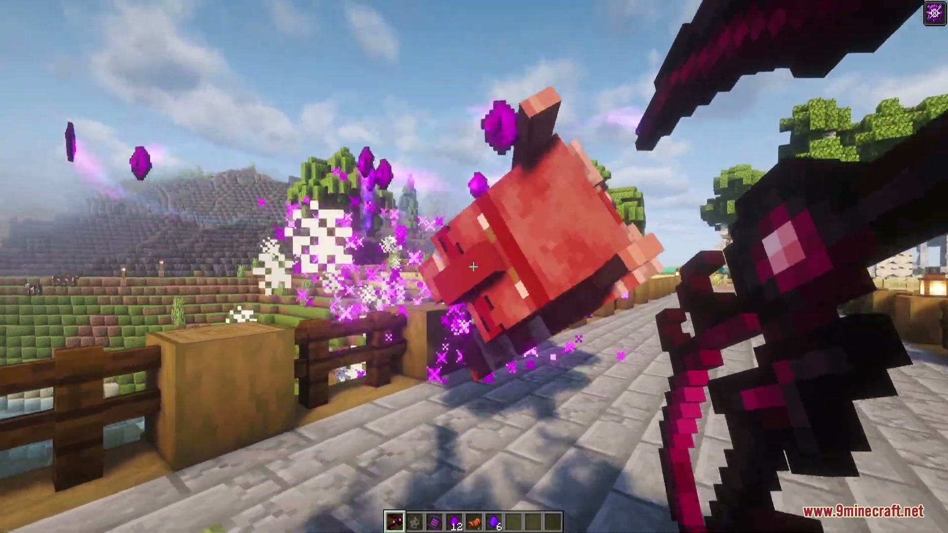 Enigmatic Arcana Mod Screenshot 7 Player wielding the Nihility scythe to attack a red mob with purple magic